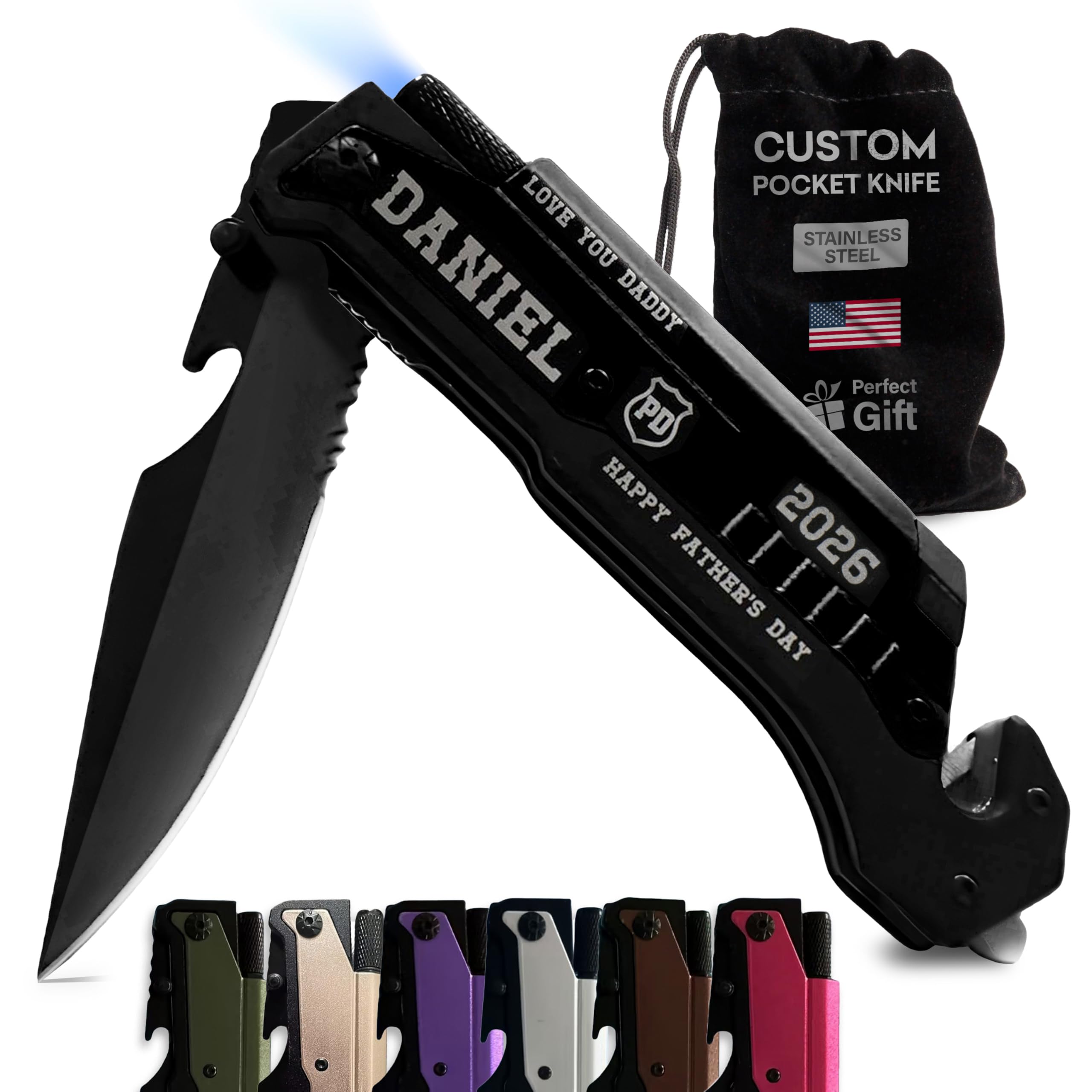 Personalized Engraved Pocket Knife Gift for Men for Father's Day, Black - Customized Pocket Knives Christmas Gifts for Dad with Velvet Pouch