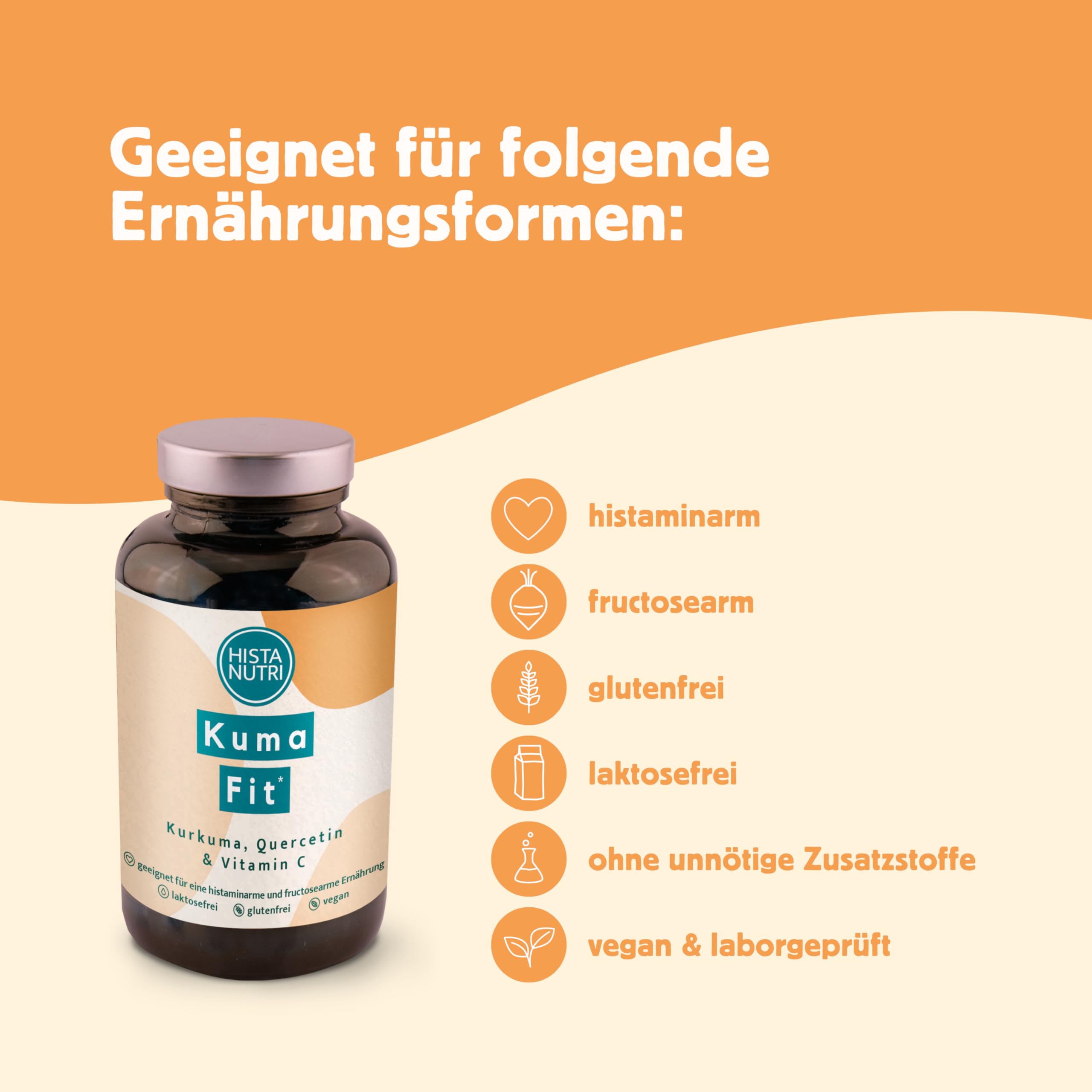 HistaNutri KumaFit – Kurkuma, Quercetin & Vitamin C, 90 Kapseln, auch bei Histaminintoleranz & Fructoseintoleranz geeignet, glutenfrei, laktosefrei, fructosearm, histaminarm & vegan - HistaFood