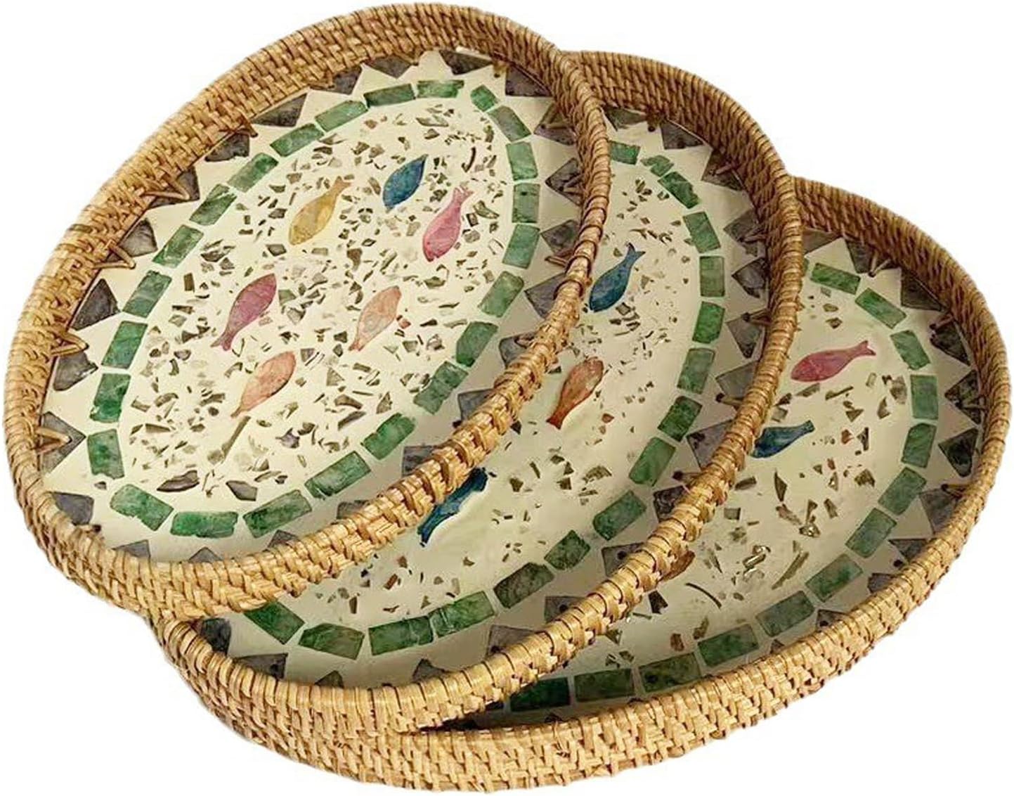 Round Rattan Tray With Mother Of Pearl Inlay Rattan Serving Tray