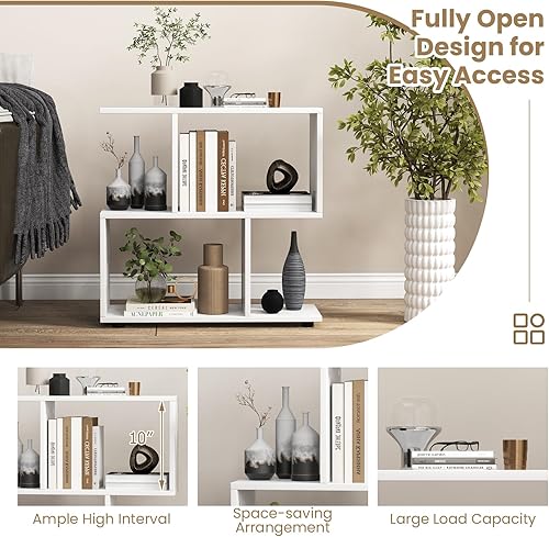 Miniatura 5 de Tangkula Estantería geométrica de 2 niveles, estante de exhibición de madera independiente, divisor de habitación en forma de S, estantería abierta