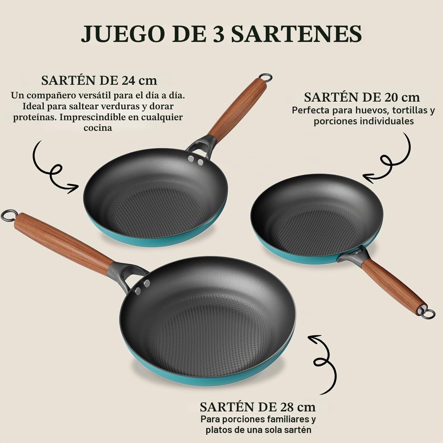 YUTANN Juego de Sartenes de Hierro Fundido Pre-sazonadas, Set de 3 Piezas, Apta para Inducción, Gas y Horno, Antiadherente Natural, Cocina Profesional