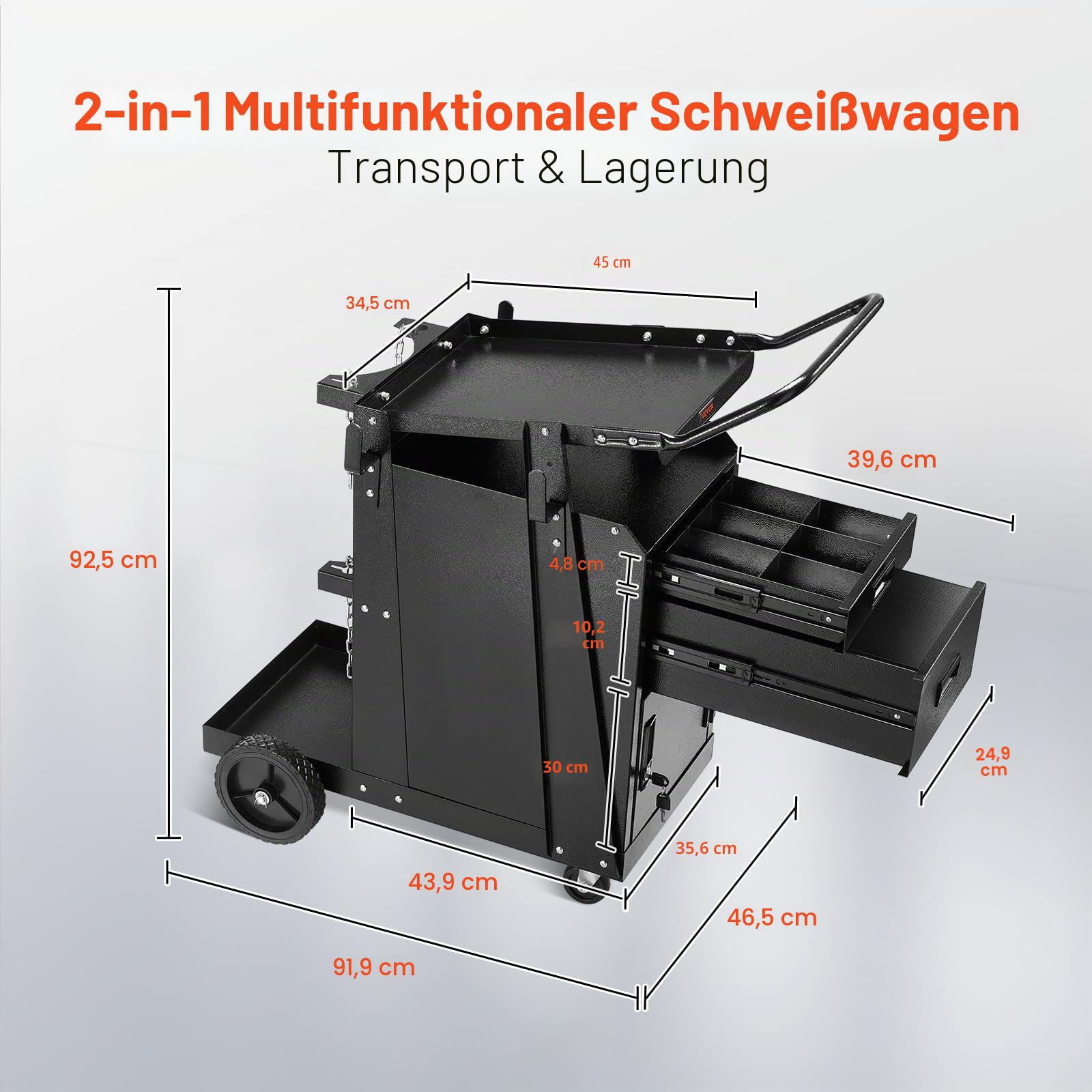 VEVOR Mobiler Werkstattwagen, Schweißwagen mit 2 Schubladen & abschließbarem Schrank, 158 kg Gewichtskapazität, 360° schwenkbare Räder, Schweißgerätewagen für MIG-Schweißgerät, Plasmaschneider