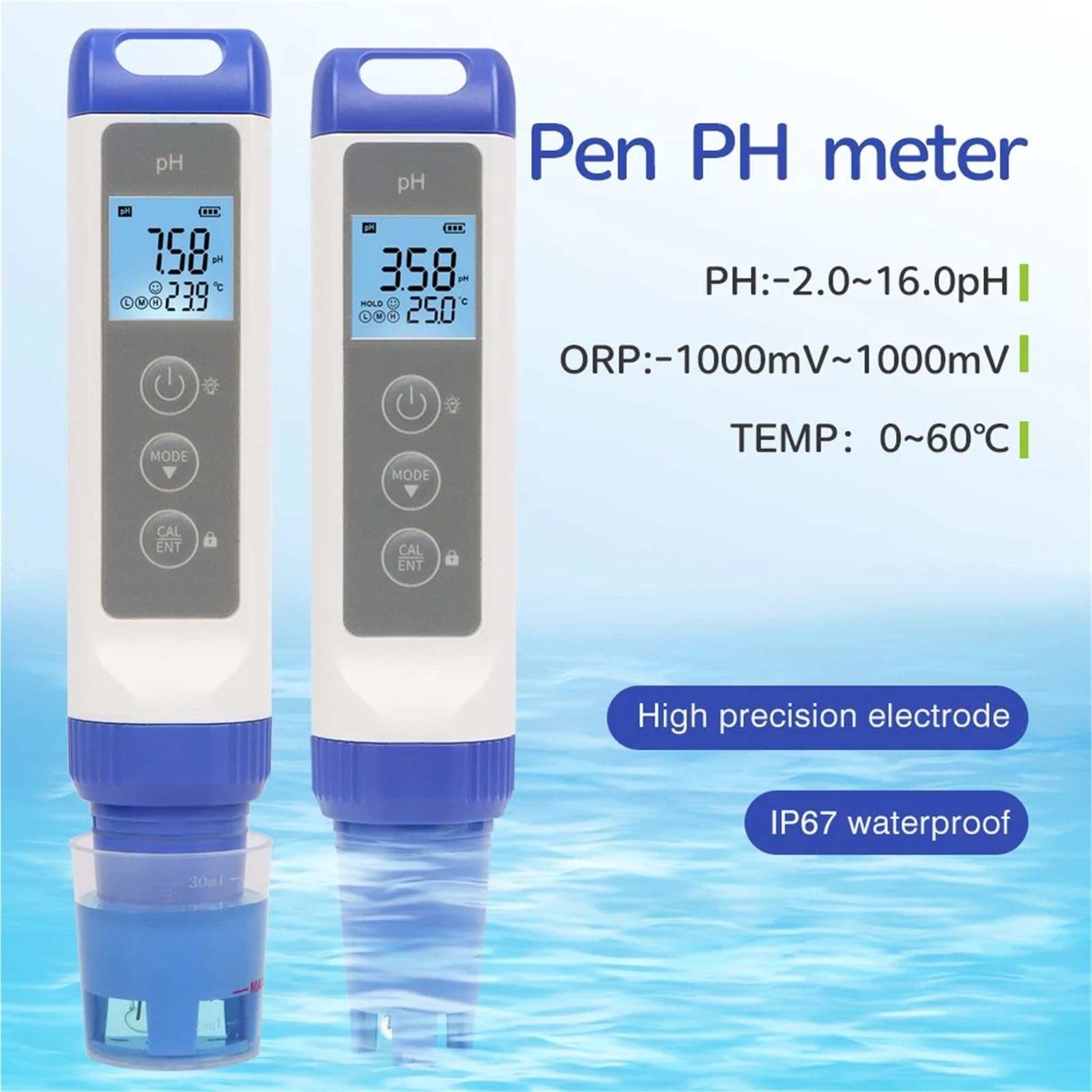 Ph Metre, Testeur de pH numérique LCD -2 à 16 pH, stylo de test étanche, détecteur de qualité de l'eau, testeur de température de pH et ORP haute précision for piscine et aquarium