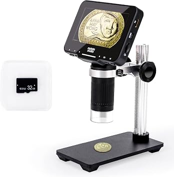 M2B 1000X Digital Microscope with 4.3 LCD Screen, 1080P Coin Magnifier, 8 LED Lights, Support Photo&Video, Adjustable Metal Stand, Large TV View via HDMI, 32GB SD Card Included