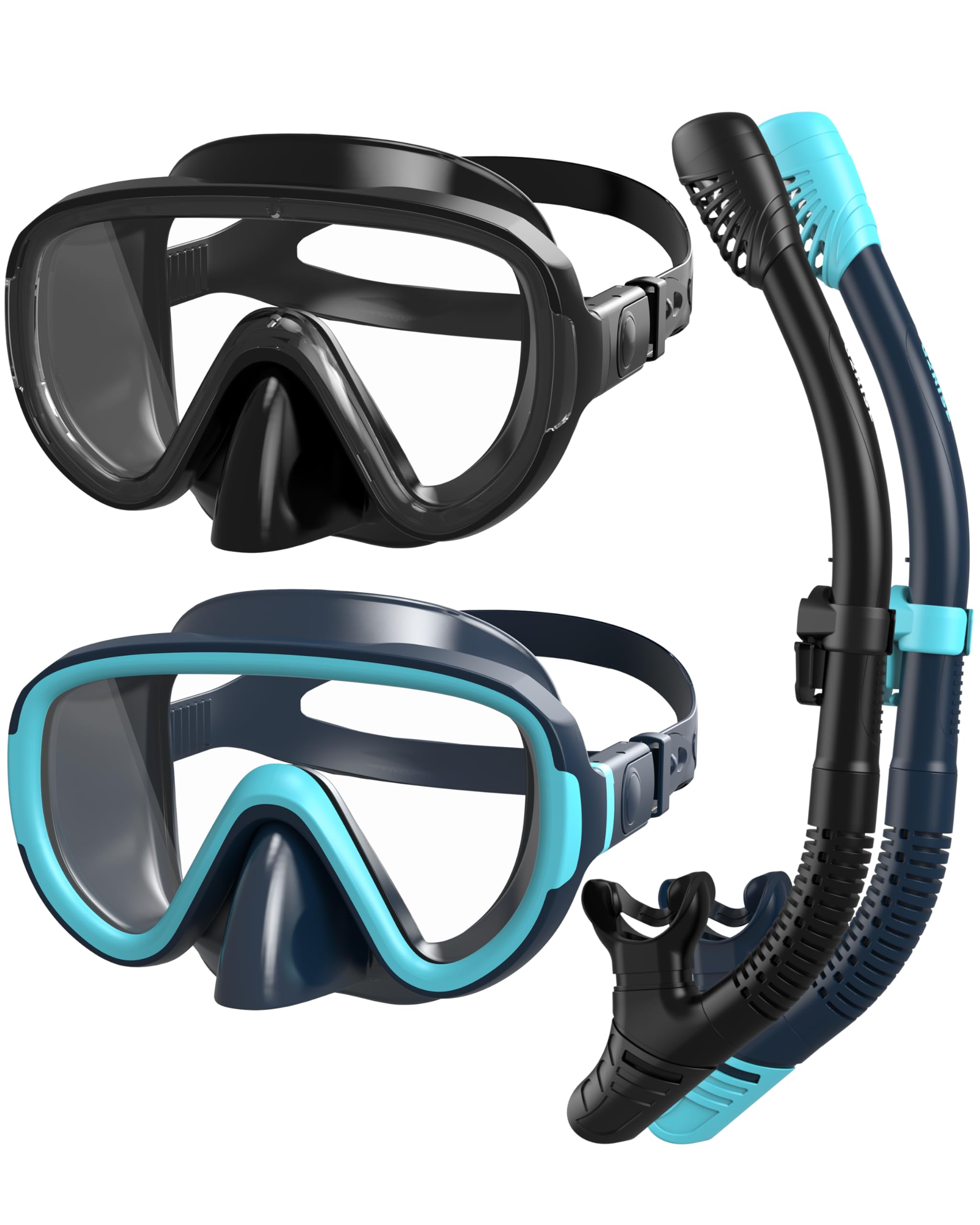 G2RISE SN05 Snorkel Set Adults, Anti-leak Scuba Diving Goggles and Snorkel, Mask and Snorkel Set Adult with Tempered Glass Lenses & Dry Top System for Snorkeling, Diving, Swimming(Black+Dark Blue)
