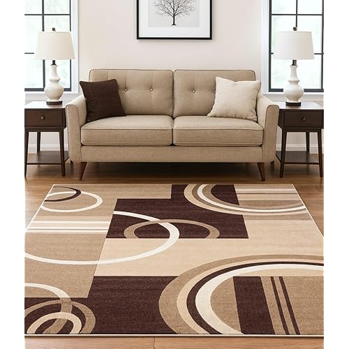 Well Woven Echo Shapes & Circles Ivory/Beige Brown Modern Geometric Comfy Casual Hand Carved Area Rug (7'10inx9'10in) Easy Clean Stain Resistant Abstract Contemporary Thick Soft Plush Living Room