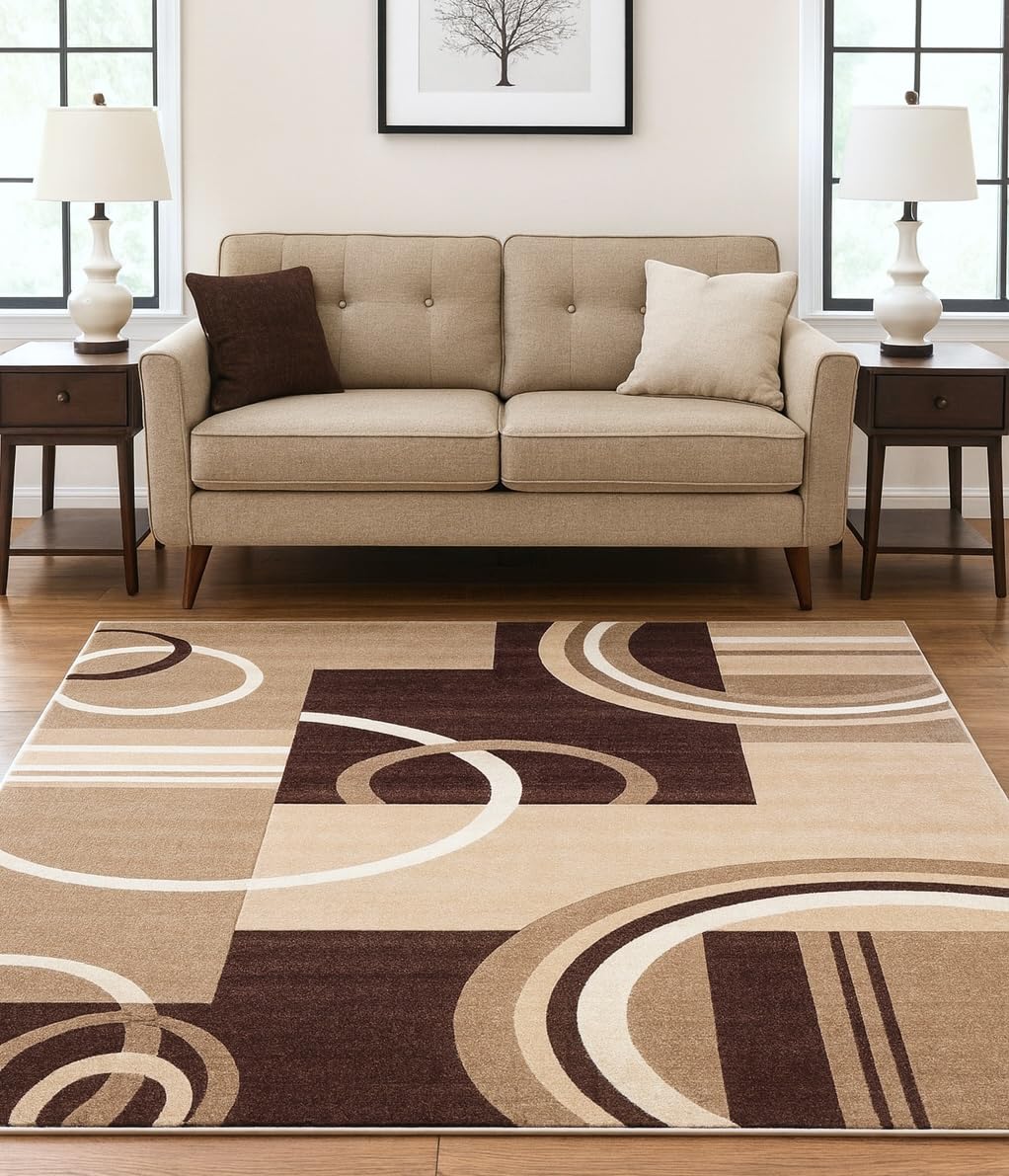 Well Woven Ruby Echo Shapes & Circles Geometric Ivory and Beige 3 by 5 Rug - Hand Carved Circle Design, Modern Contemporary Accent Carpet, Soft and