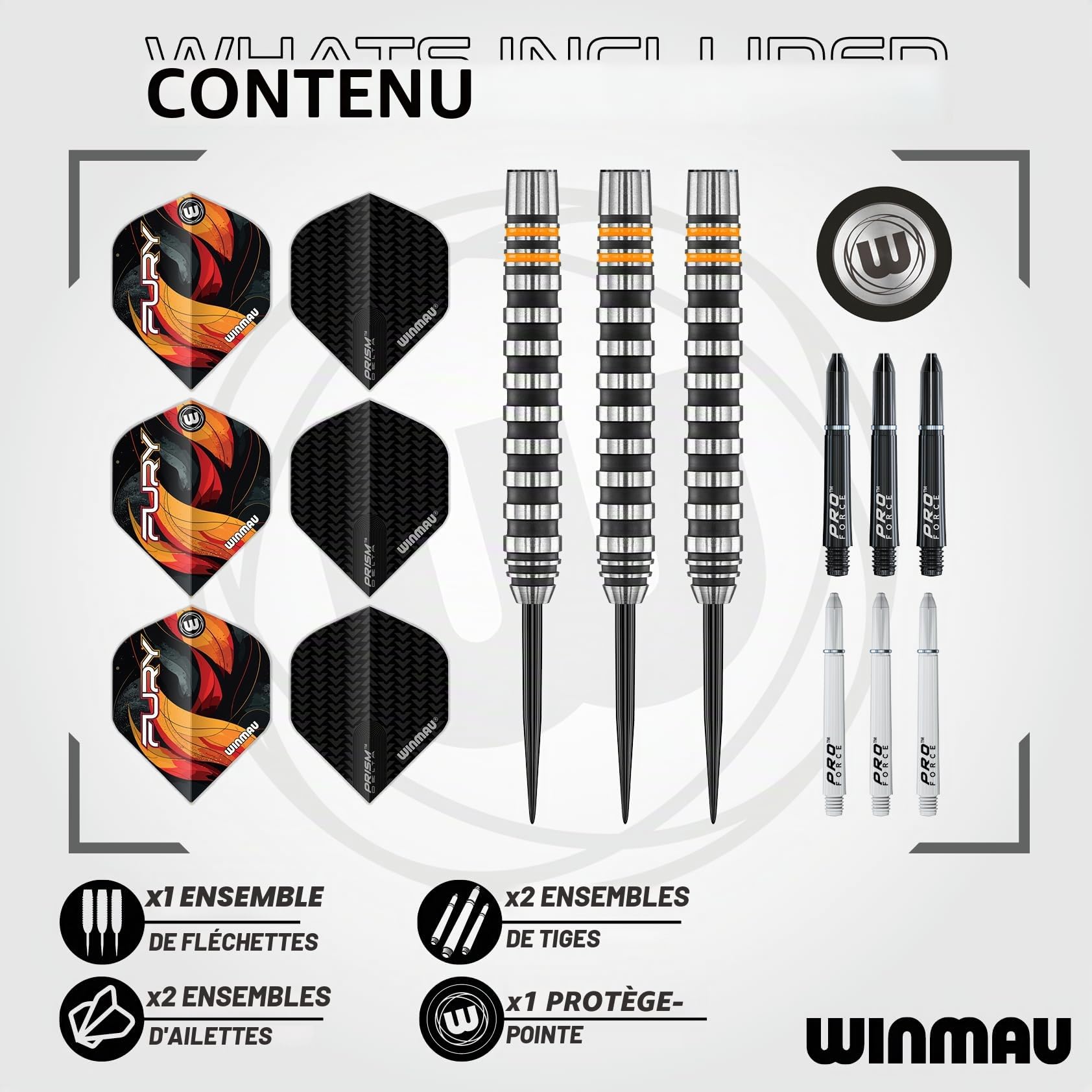 Winmau Fury Fléchettes en tungstène avec ailettes prismatiques et tiges Vecta 22-28 g