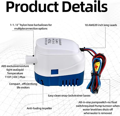 Miniatura 2 de Lounsweer Kit de plomería de bomba de sentina de 5 piezas, incluye bomba de agua de sentina eléctrica de 12 V, manguera de PVC, 2 abrazaderas a