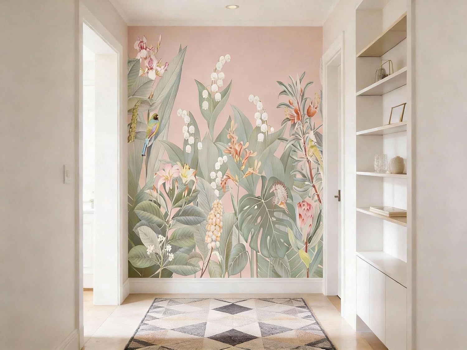 Vibrant Tropical Wall Mural - Lush Green Leaves, Colorful Flowers & Exotic Birds - Botanical Jungle Theme Peel and Stick Wallpaper Mural