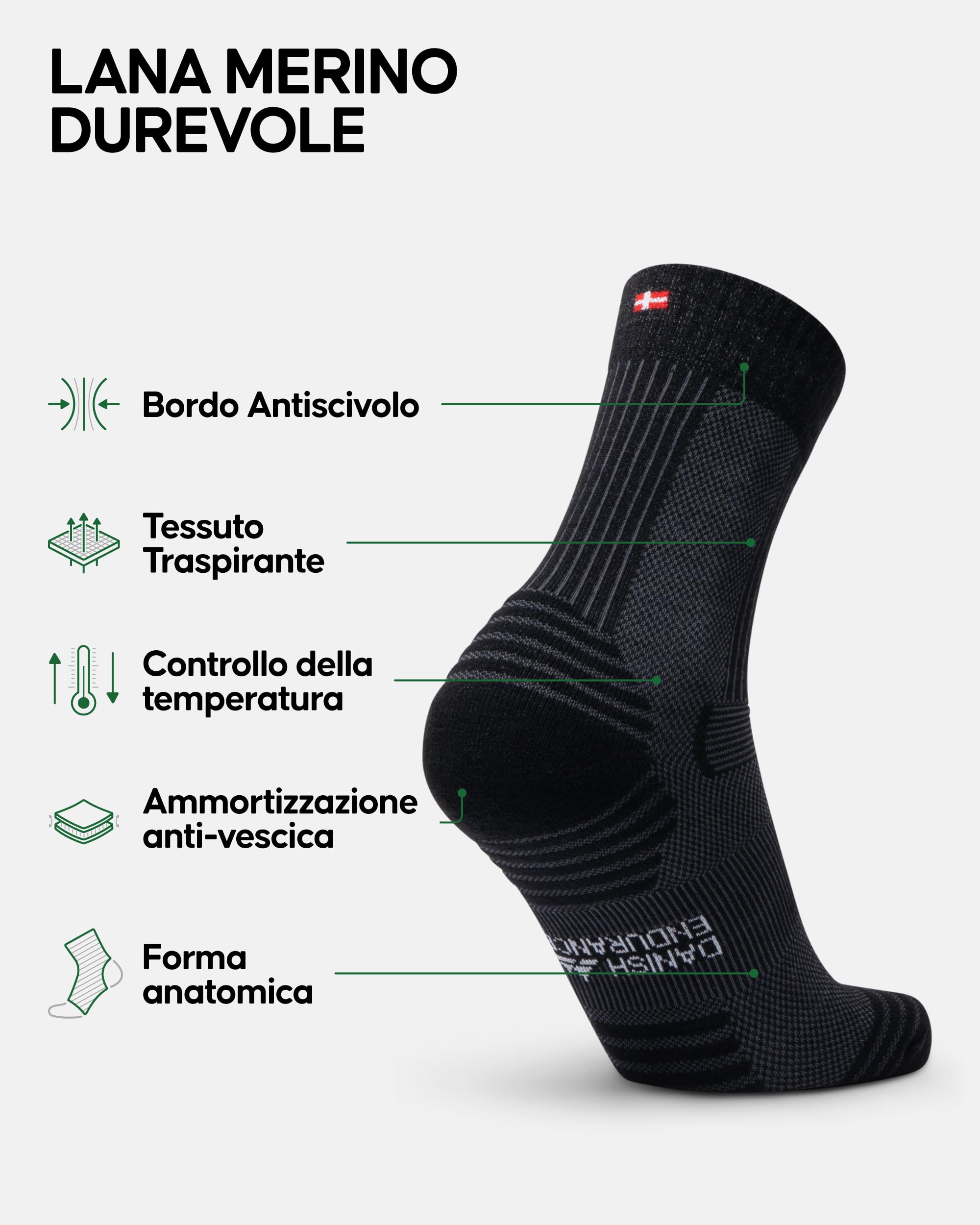 DANISH ENDURANCE Calze Trekking Leggere in Lana Merino, Anti-Vesciche, Traspiranti, da Uomo, Donna, Bambino, 1 o 5 Paia