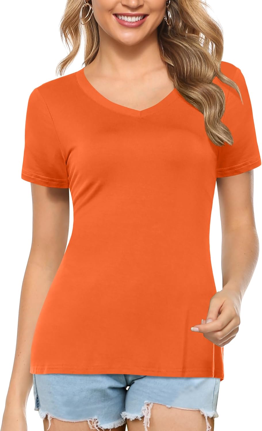 Amoretu Womens Tshirts V Neck Short Sleeve Tops Tee Solid Color Blouse - Image 2
