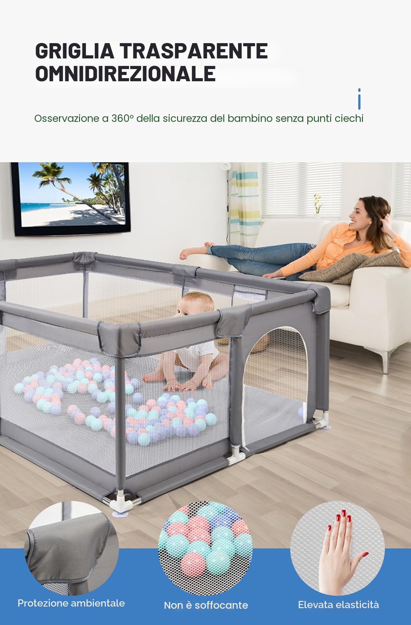 Recinto Gioco Pieghevole 160×120 cm Grigio per Neonati | Dotato di sacco portapalle e anelli tira su, pratico e sicuro per bambini