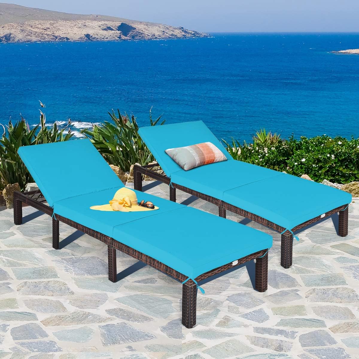 Tangkula Rattan Wicker Chaise Lounge Chair, Outdoor Patio Lounger Recliner Chair w/Adjustable Backrest, Heavy-Duty Reclining Chair Sunbed w/Thick Zippered Cushion for Garden Yard Patio (2, Turquoise)