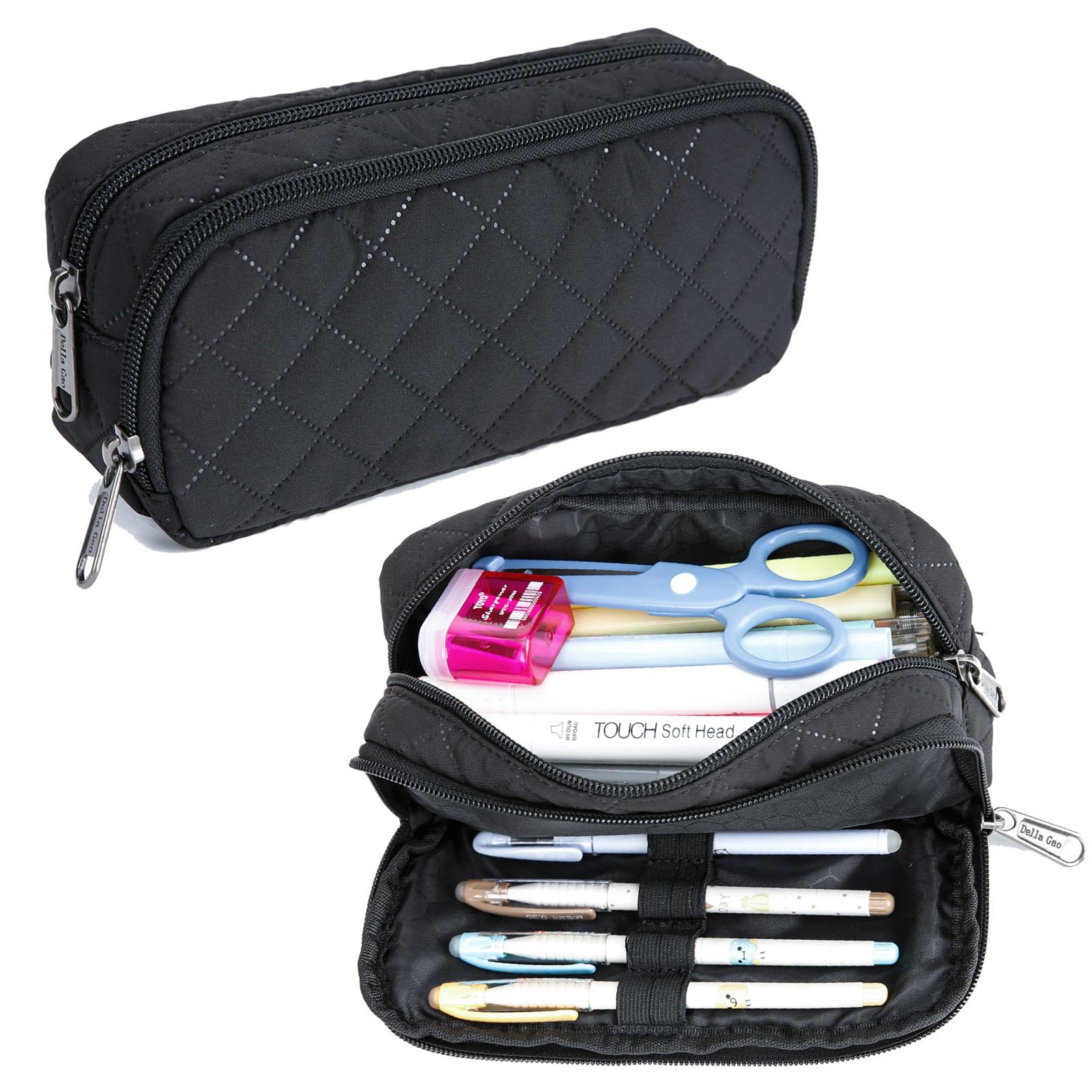 Della Gao Pencil Case Large Capacity Pencil Pouch Soft Quilted Pen Bag Office Stationery Organizer Sturdy Pencil Bag for Men Women - Black