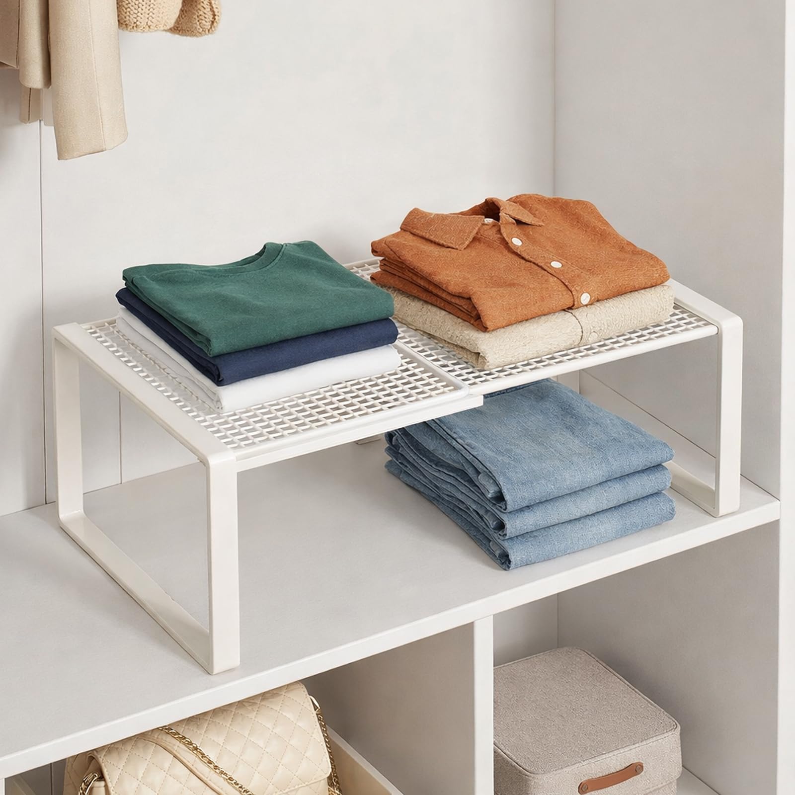 Verstellbare Regale für Schrank, Erweiterbares Einlegeböden Schrankregal, Einlegeböden für Schränke, Kleiderschrank, Schrank, Küche, Badezimmer, 27cm Weit, 31 cm groß, Verstellbare Länge 27-38cm(Weiß)
