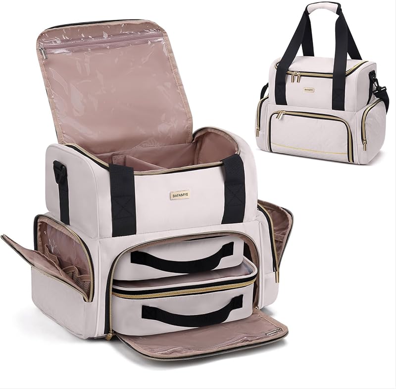 Necessaire de maquiagem BAFAMYE com 2 estojos removíveis, organizador de viagem com dois compartimentos, cor Khaki