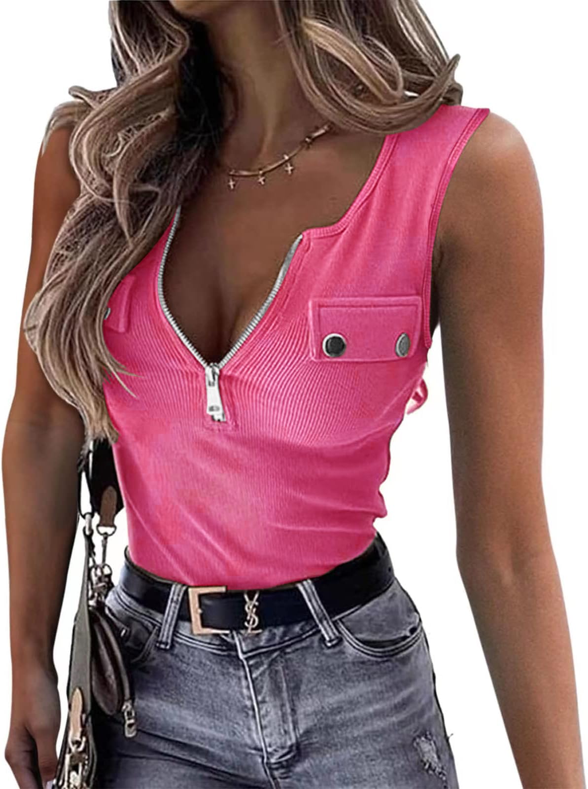 ELFIN Damen Ärmellos Tank Top Gerippt Sommer Sexy Oberteile Reißverschluss Stretch Weste Slim Fit Basic Shirt Ribbed Tops