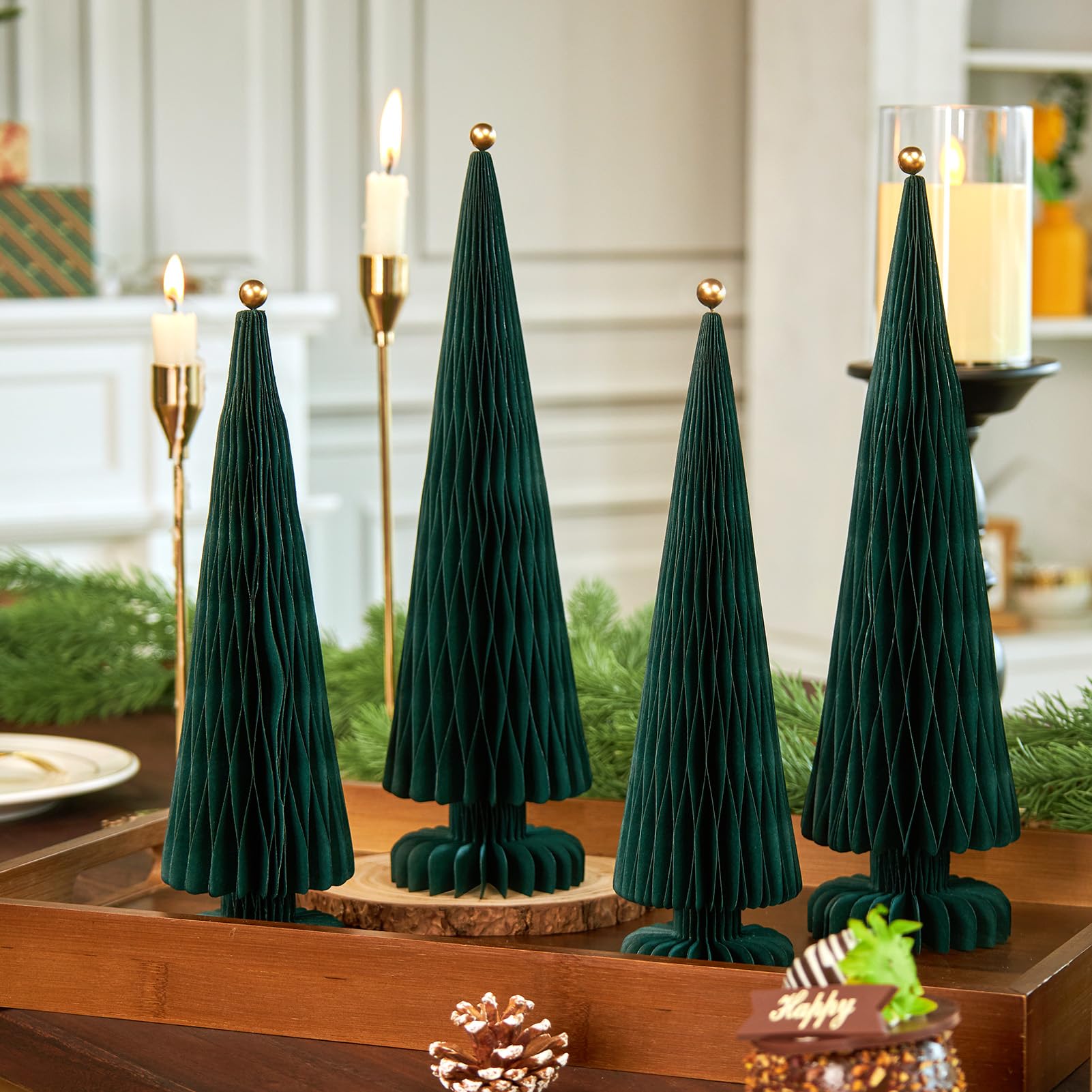 4PCS Honeycomb Christmas Tree Paper Christmas Tree with Metal Ball 3D Xmas Table Decorations with Base Premium Reusable Christmas Decorations for Indoor Outdoor Window Fireplace
