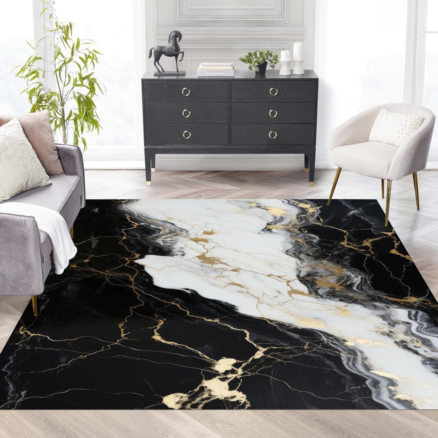 Black White Gold Marble Texture Modern Abstract Area Rug 5x7 Faux Wool Ultra Soft Shag Rug for Living Room Bedroom Diningroom Non Shedding Indoor Floor Carpet Runners - Image 3