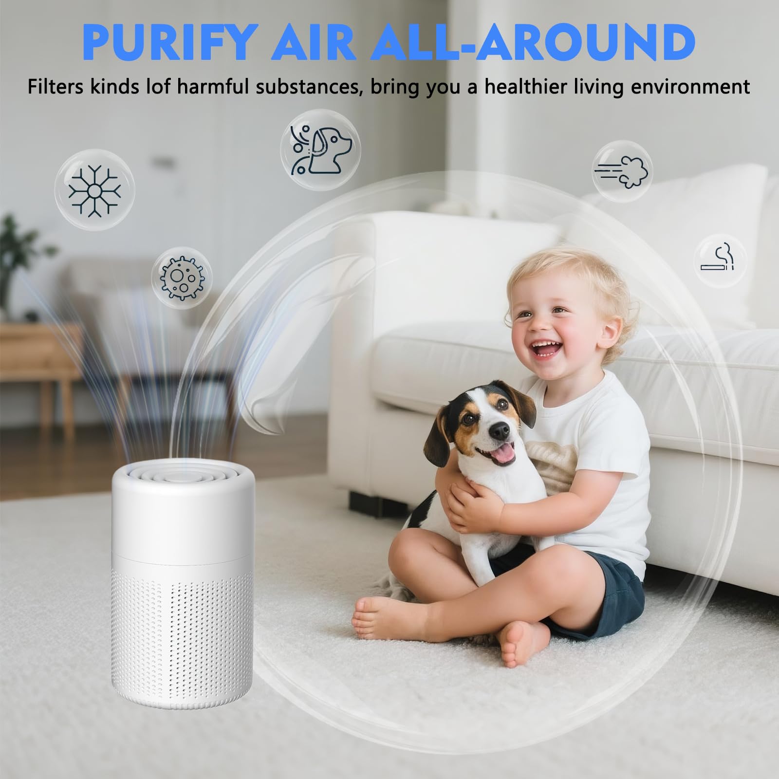 Purificateur d'air avec filtre Hepa H13, purificateur d'air portable ultra silencieux pour la poussière, les odeurs, les squames d'animaux, la fumée, avec minuterie et 3 vitesses, blanc