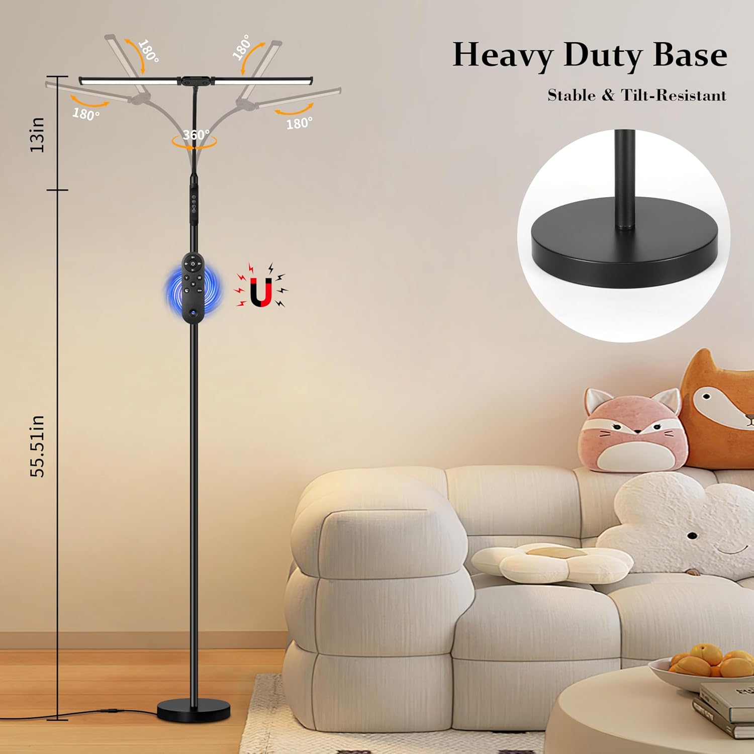 Dual Head LED Floor Lamp 18W, 3 Color Modes 10 Brightness, Pole Controller & Magnetic Remote, Adjustable Gooseneck, Built-in Wire, USB Eye-Caring Lamp for Living Room, Reading, Office