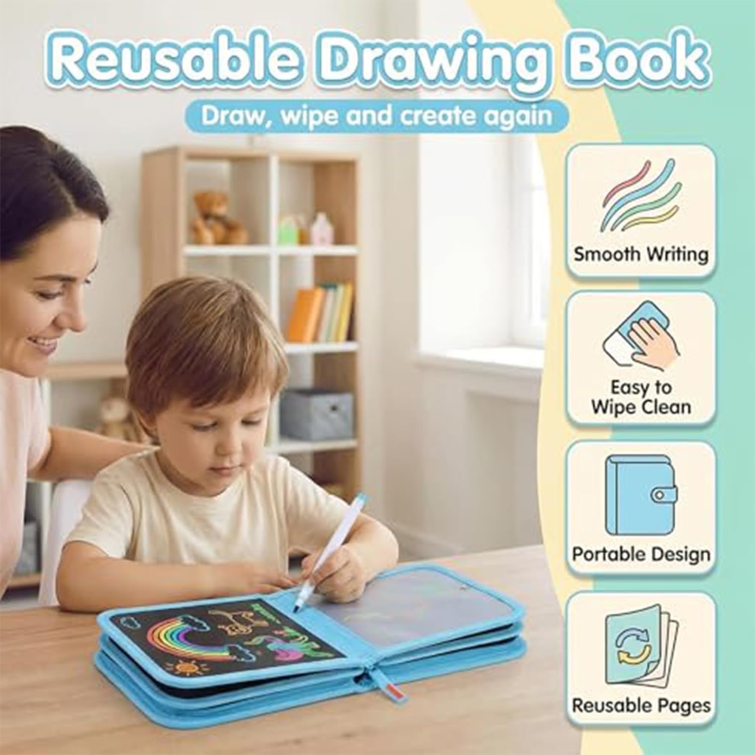 Reusable Chalkboard Scribble Book for Kids, Double-Sided Magic Doodle Board & Erasable Drawing Pad, Classroom Preschool Supplies & Creative Gift(Dinosaur)