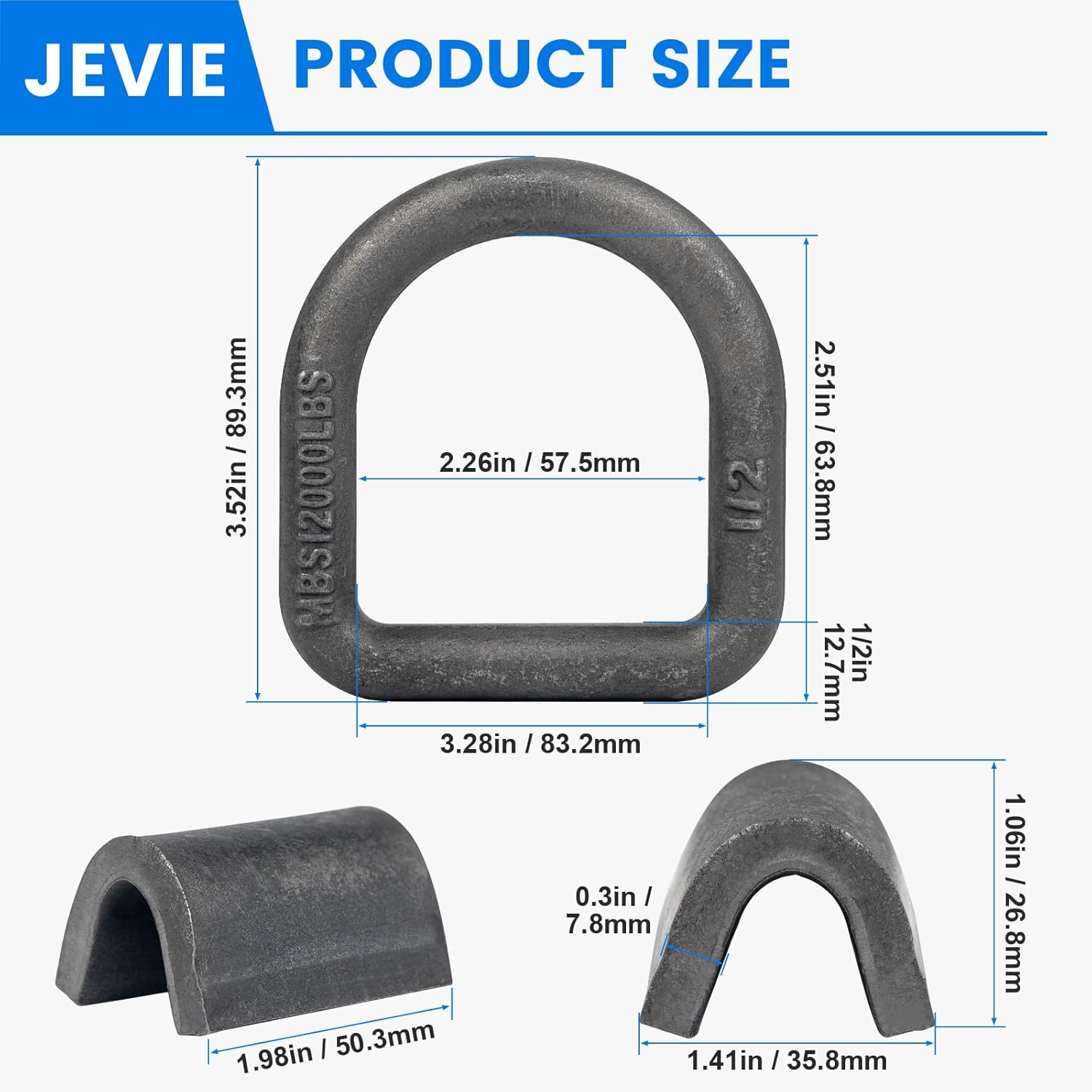 Jevie 1/2" Weld-On Forged D Rings, Heavy Duty 12,000 lbs Break Strength, Rust-Preventive Oil Finish – Trailer, Truck, RV, ATV, Farm Cargo Tie-Down Anchors, Supplied (12 Packs)