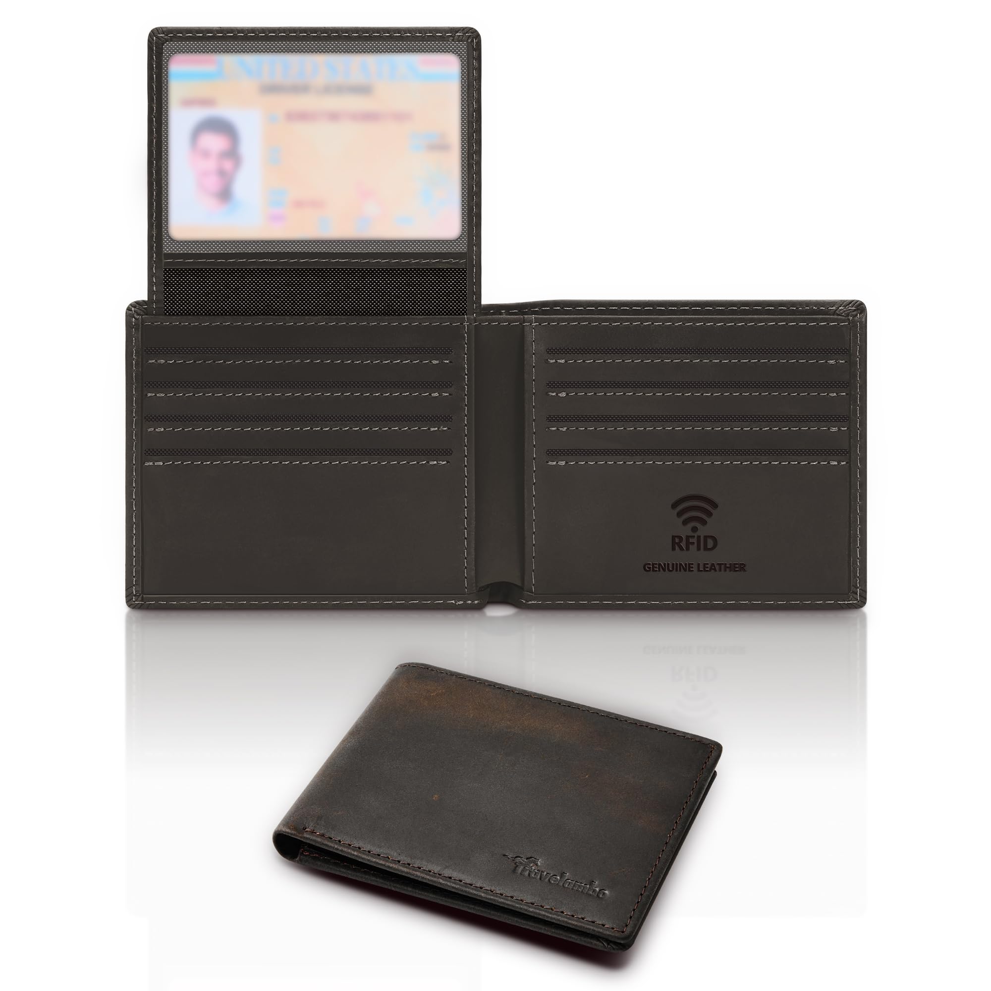 Travelambo Genuine Leather Mens Wallet Handmade Bifold Stylish Rfid Wallet for Men - with 2 ID Windows - with Gift Box/Men's Accessories