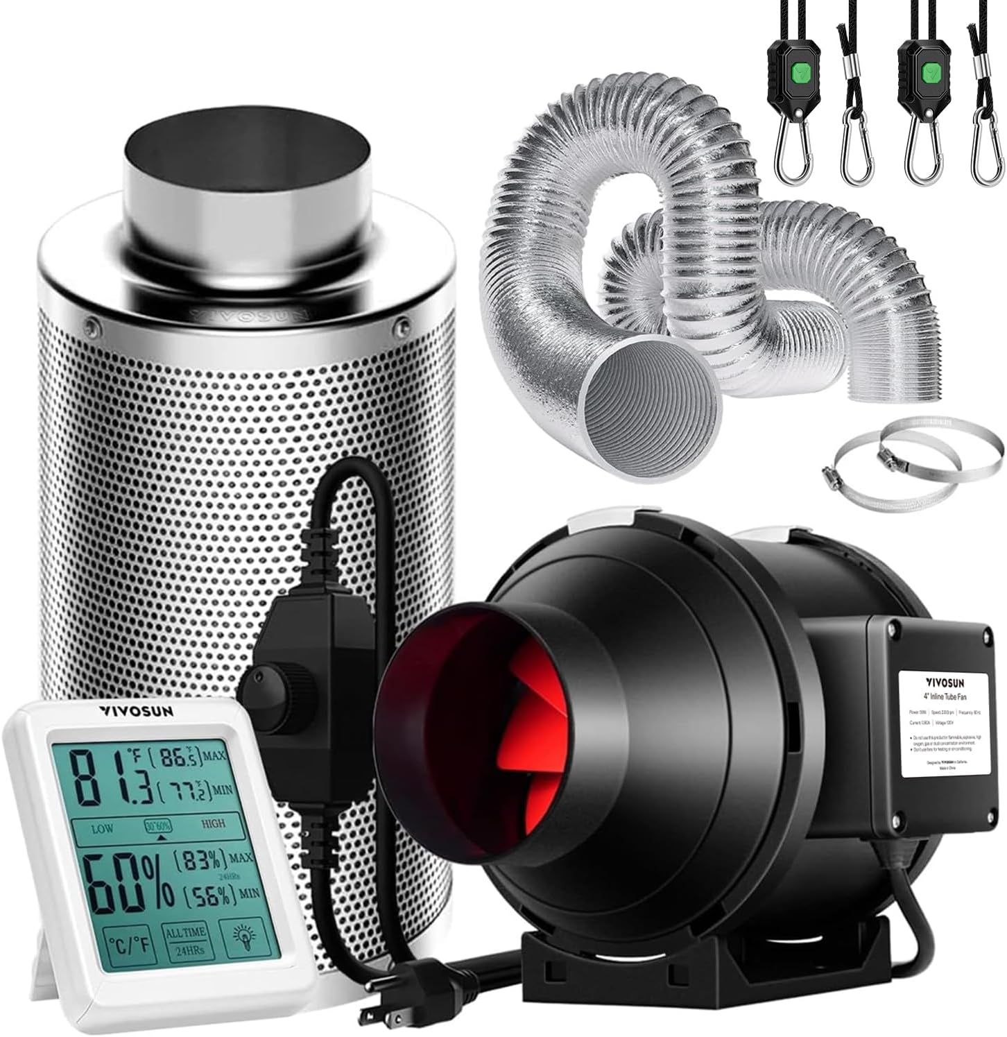 VIVOSUN 4 Inch 190 CFM Inline Fan with Speed Controller, 4 Inch Carbon Filter and 8 Feet of Ducting, Temperature Humidity Monitor for Grow Tent Ventilation
