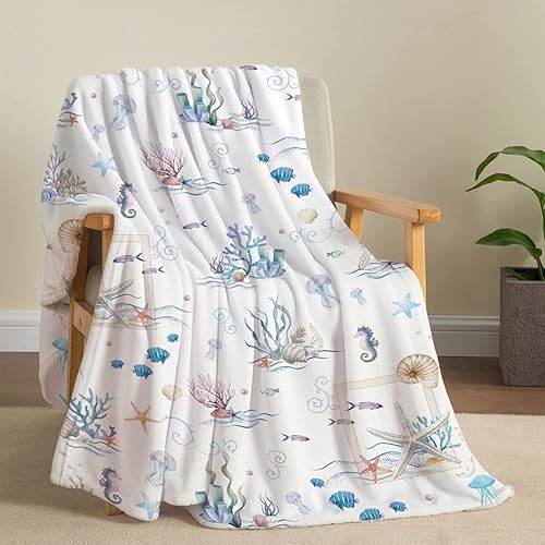 Coastal Ocean Beach Blanket Watercolor Coral Seashell Throw Blankets Soft