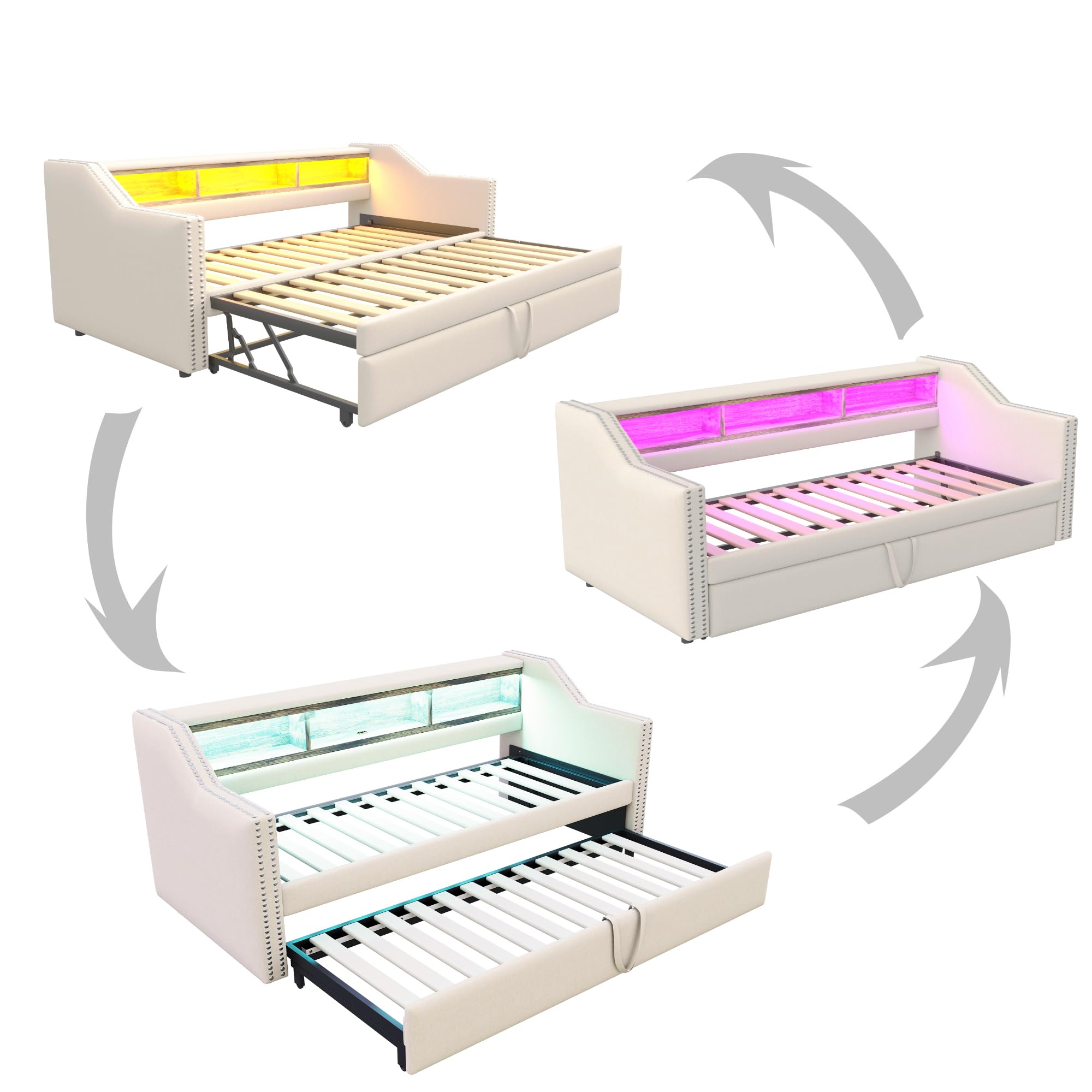 Merax Canapé-lit convertible 90/180 x 190 cm, Canapé pliable avec lumière LED et prise USB, canapé lit 2 places avec fonction couchage en tissu lin, beige (sans matelas)