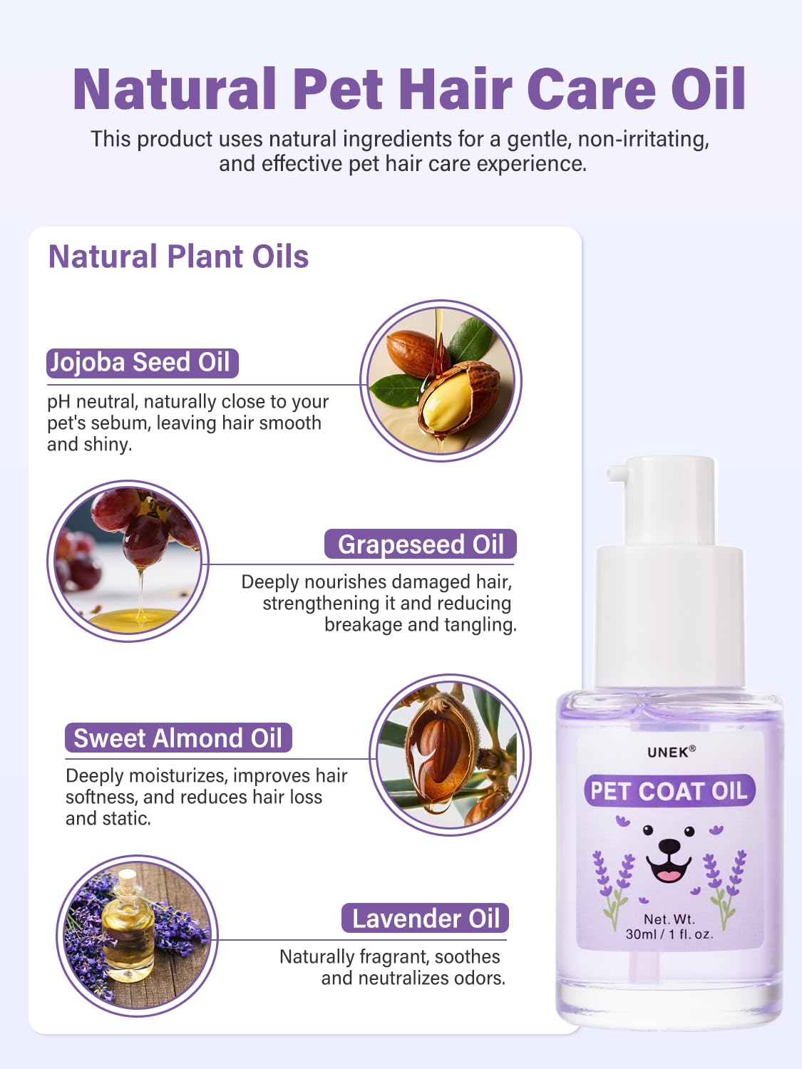 UNEK Pet Fur & Coat Oil for Dogs & Cats - Leave-In Detangling Oil, Anti-Knot, Nourishing & Adds Shine, Lavender Scent, 30ml - Image 3