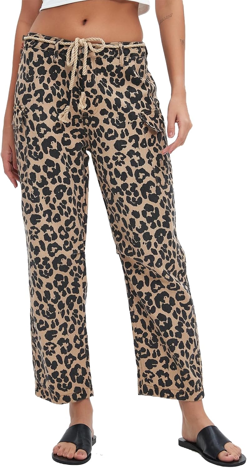 Distressed Baggy Jeans for Woman Leopard Mid Waist Wide Leg Denim Cargo Pants with Pockets Drawstring