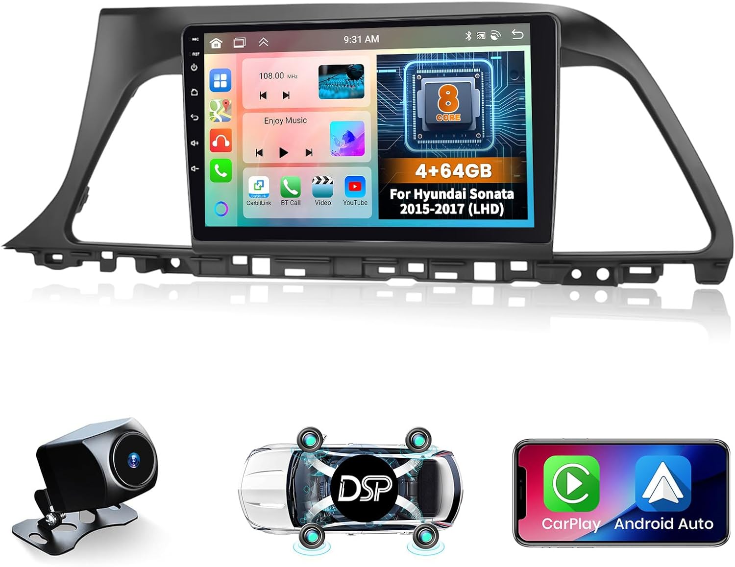 Hikity 8 core 4+64G Android 15 Car Radio for Hyundai Sonata 2015-2017 (LHD) Stereo, 9 inch Screen with Wireless CarPlay Android Auto GPS Navigation WiFi Bluetooth Mirror Link DSP FM RDS 8 Core 4+64G(DSP)