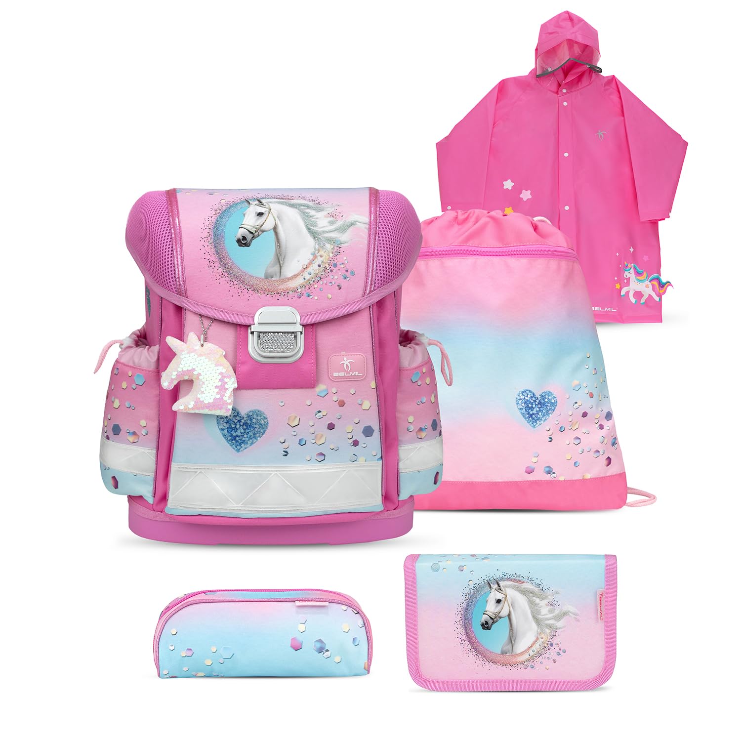 Belmil Classy tornister szkolny zestaw 5-częściowy z ponczo przeciwdeszczowym (403-13/AG/S/RP) (Dream Hooves Pinky)