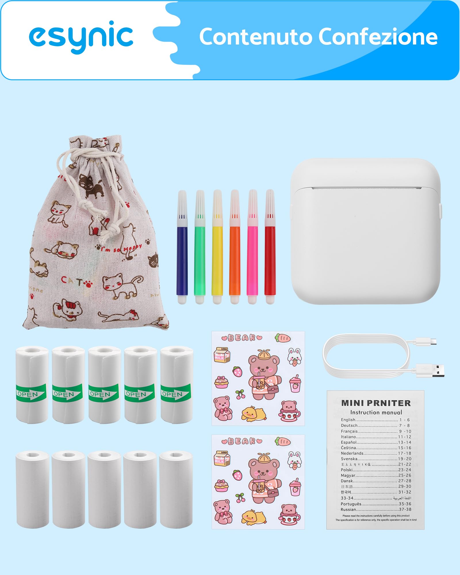 eSynic Mini Stampante Termica Portatile Bluetooth Ricaricabile Bianco con 10 Rotoli Carta e 6 Pennarelli