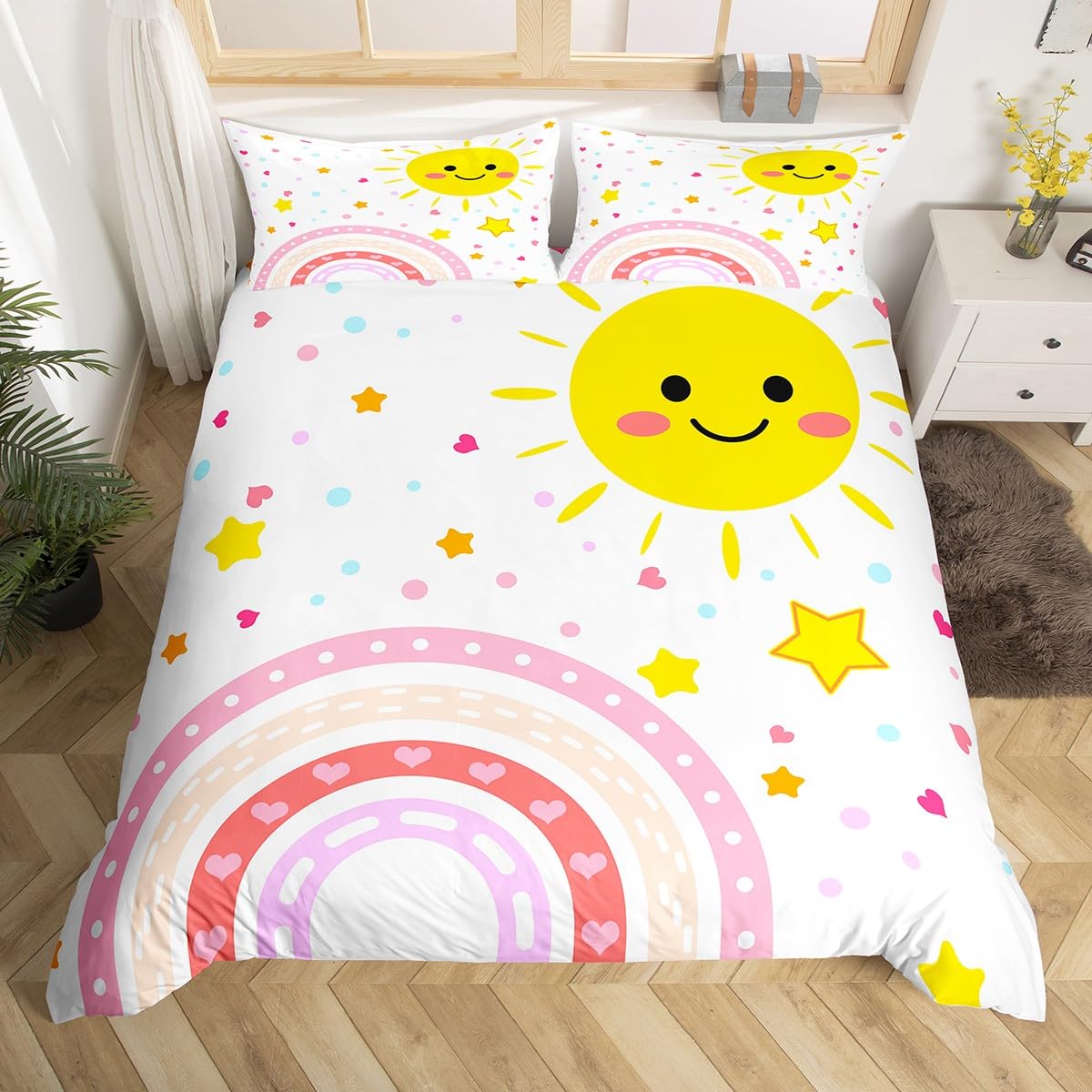 Erosebridal 100% Organic Cotton Queen Duvet Cover Set - Cartoon Cat & Butterfly Starry Sky Design, 3-Piece