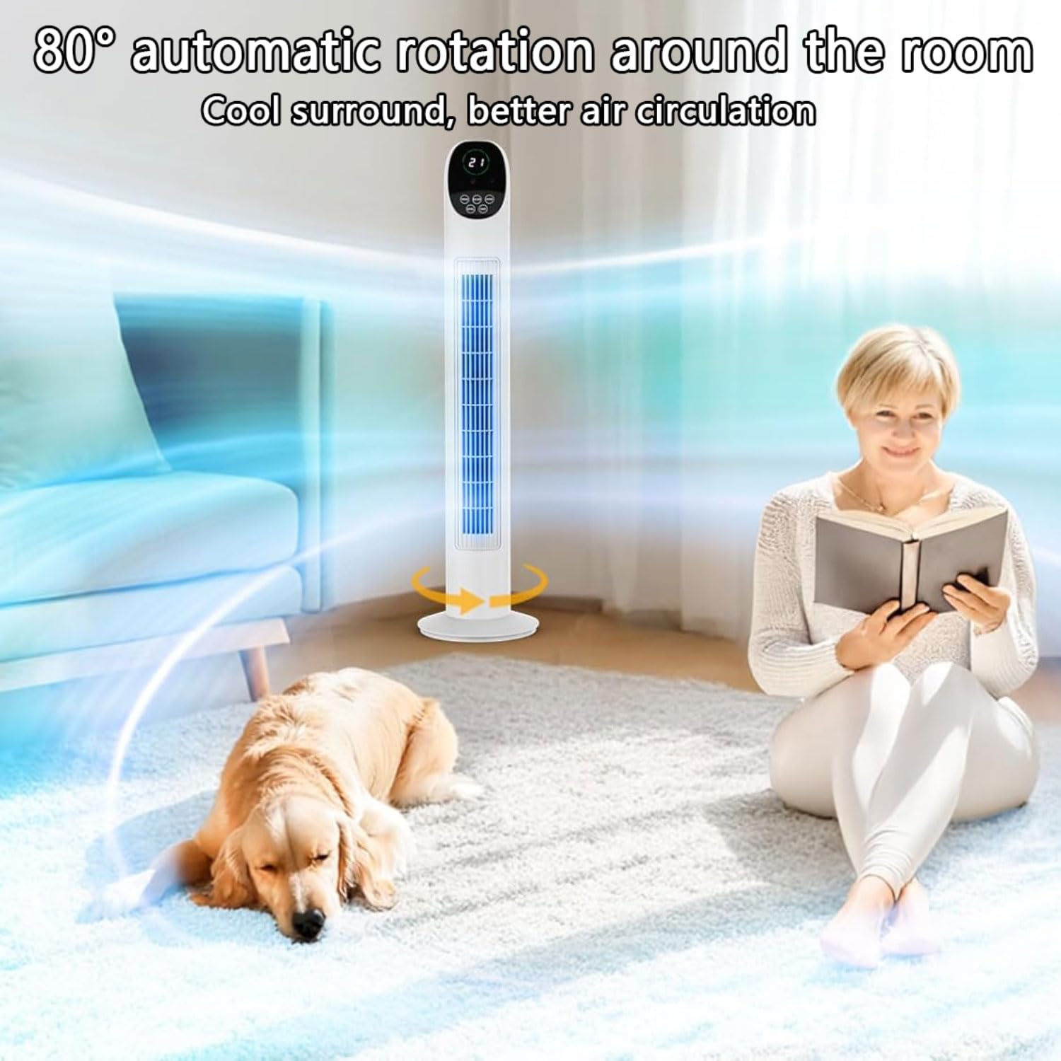 Ventilatore a Torre per Camera da Letto, Ventilatore di Raffreddamento oscillante a 3 velocità con Timer, circolatore d'Aria Silenzioso per Soggiorno, Ventilatore Verticale Portatile con Base Stabile
