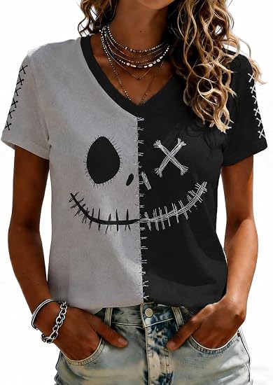 Women Halloween V Neck Graphic T Shirt Short Sleeve