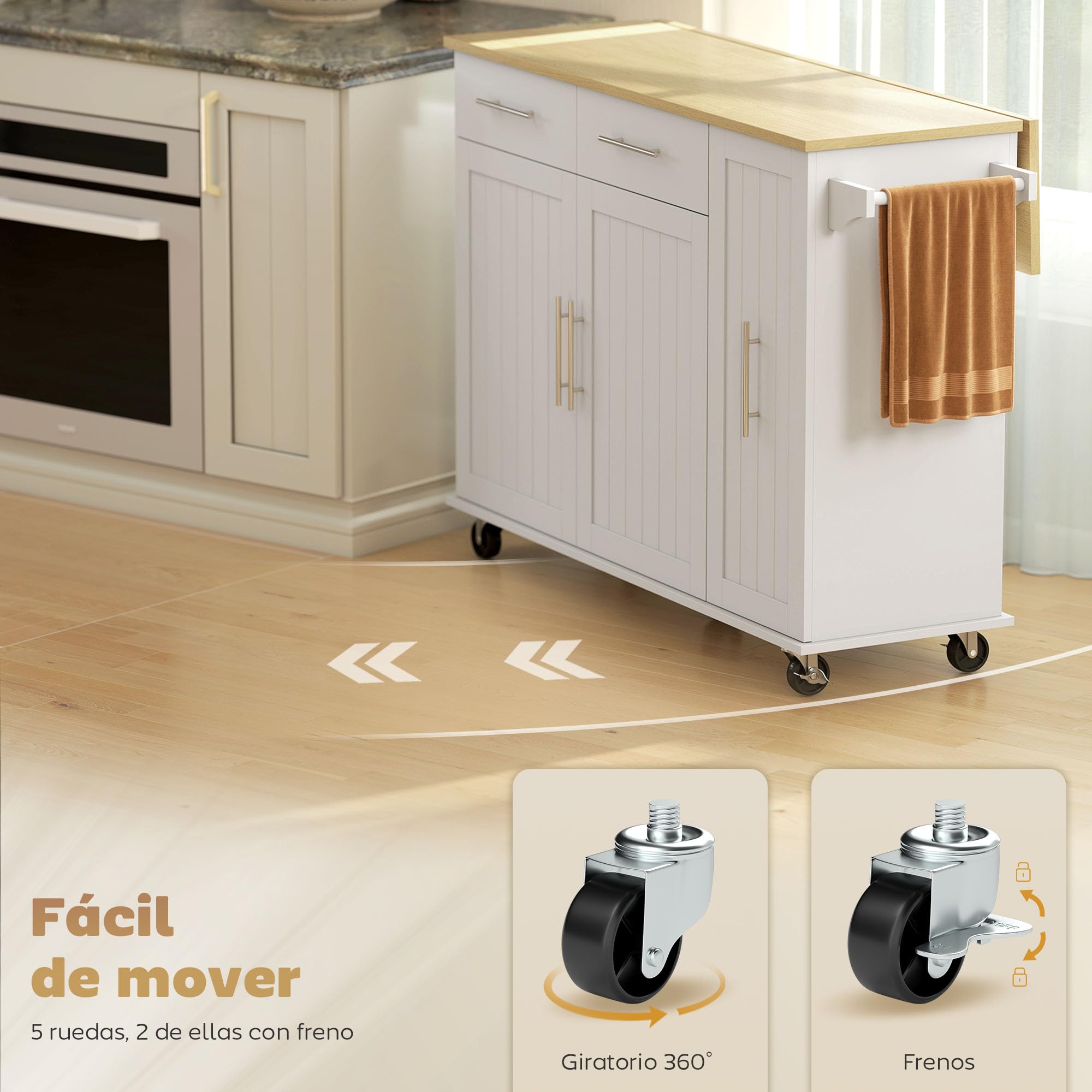 HOMCOM Isla de Cocina con Ruedas Encimera Plegable Carro de Cocina Blanco