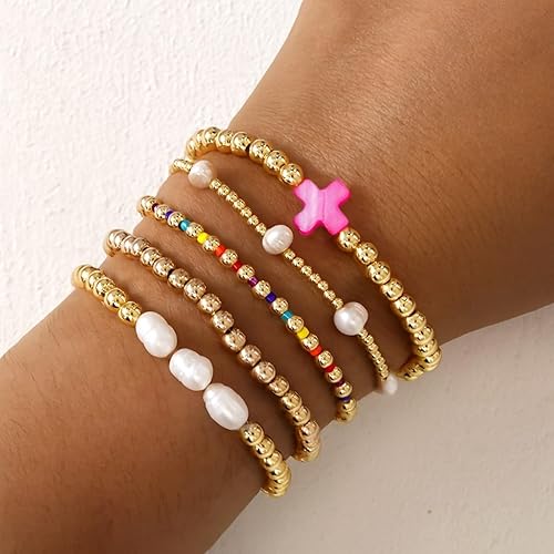 Miniatura 3 de Juego de pulseras de cruz con cuentas de oro de 14 quilates para mujer, elásticas, bohemias, coloridas cuentas cristianas, regalo de moda
