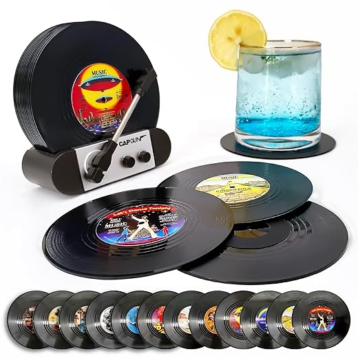 RADIXIUM Funny Retro Record Coasters for Drinks with Vinyl Player Holder for Music Lovers,Set of 12 Conversation Piece Sayings Drink Coaster,Housewarming Hostess Wedding Registry Gift Ideas