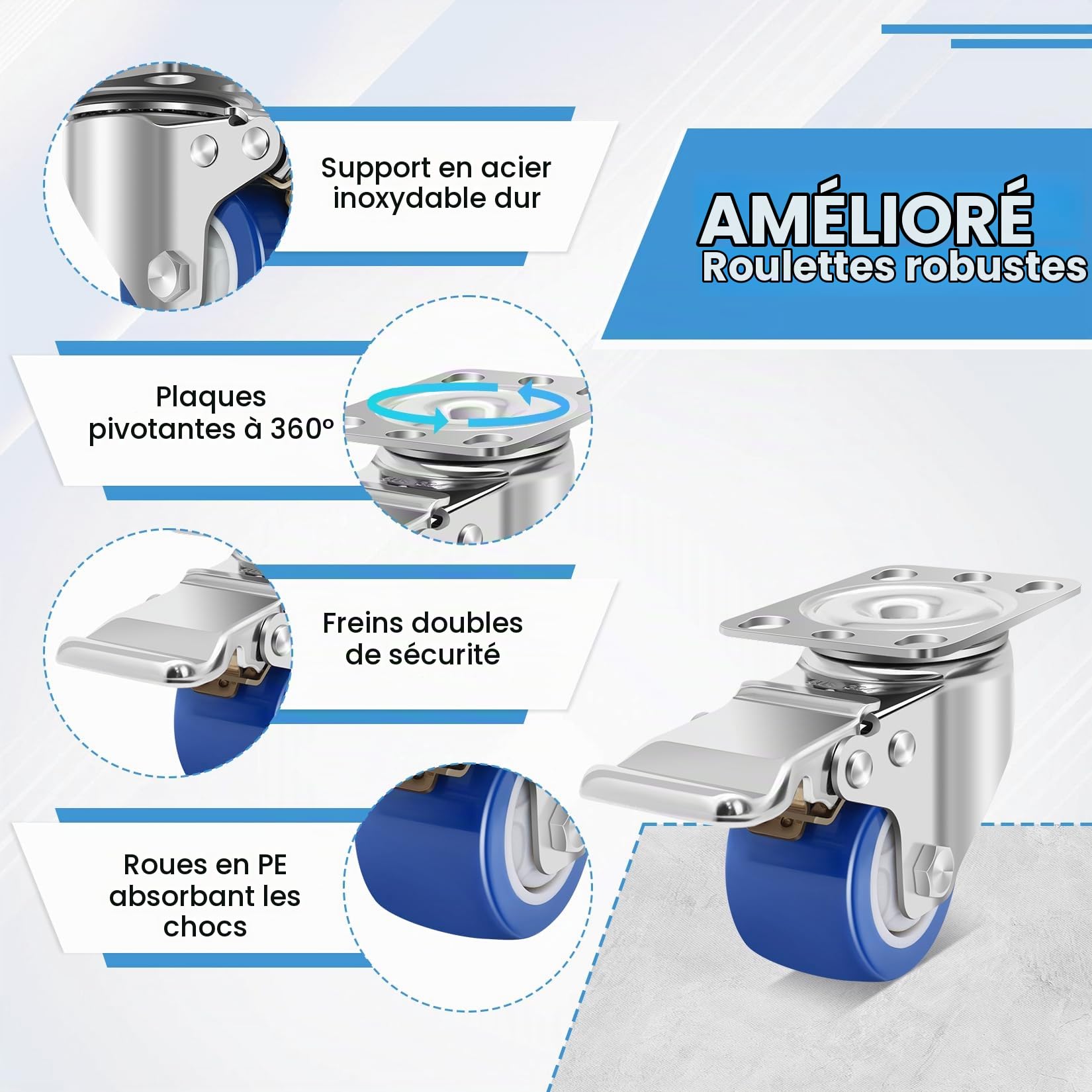 50mm Roulettes en Acier Inoxydable Charge Lourde avec Freins, Roulettes Petites Résistantes à la Chaleur pour Meubles, Capacité de 360kg, Roulette pour Usage Industriel et en Plein Air