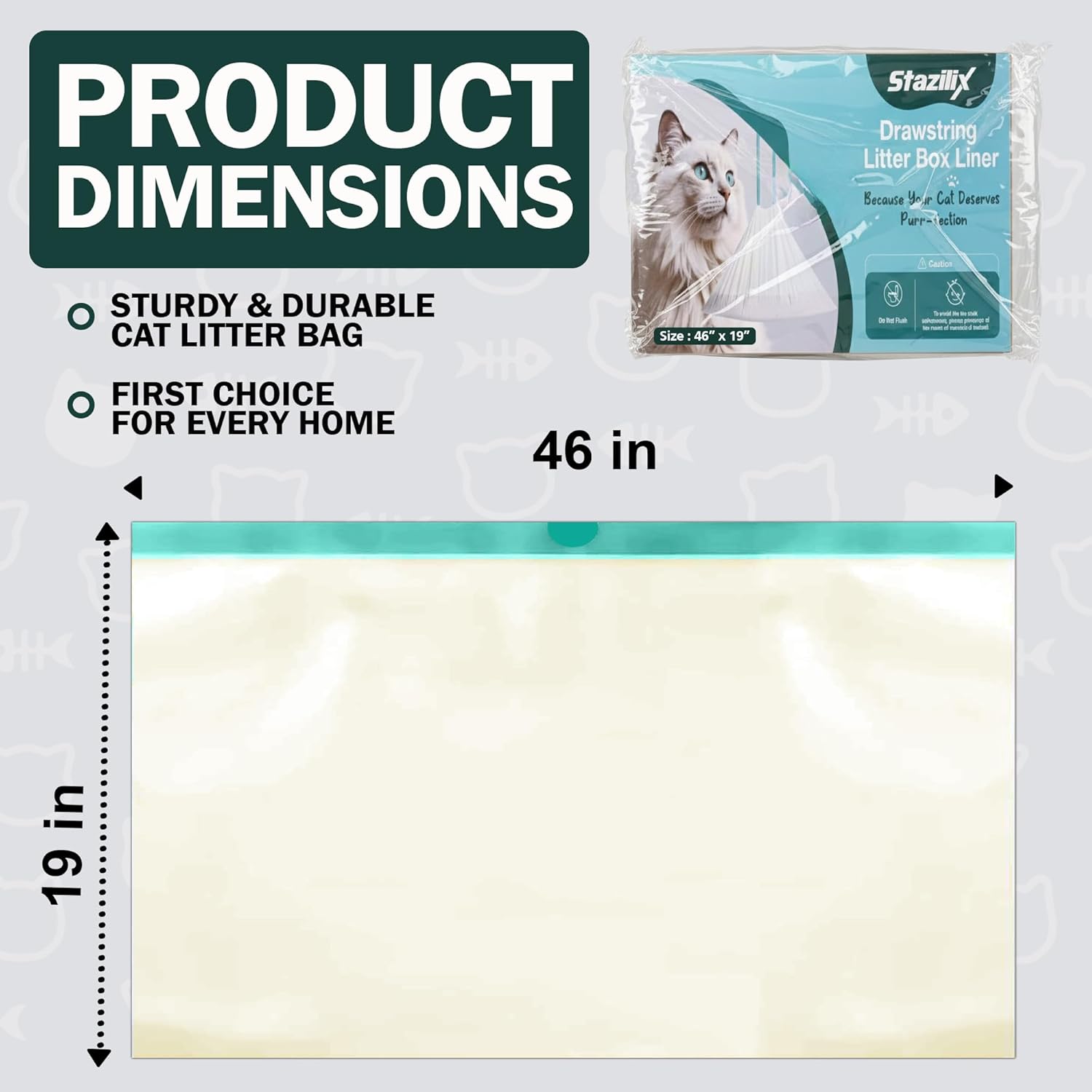 50 Count XL Litter Box Liners 46x19 – Extra Large Litter Box Liners, Cat Litter Box Liners Extra Large, Heavy Duty Jumbo Cat Litter Liners with Leak & Tear Proof Drawstring
