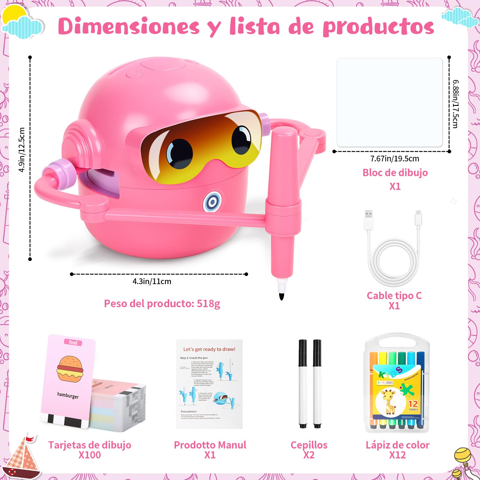 Charmofun Robot de Dibujo para Niños, Drawing Robot con 100 Tarjetas, Robots Inteligente Juguete Recargable, Juguete Educativo Interactivo con Voz para Niños y Niñas a Partir de 3 Años (Rosa-2)
