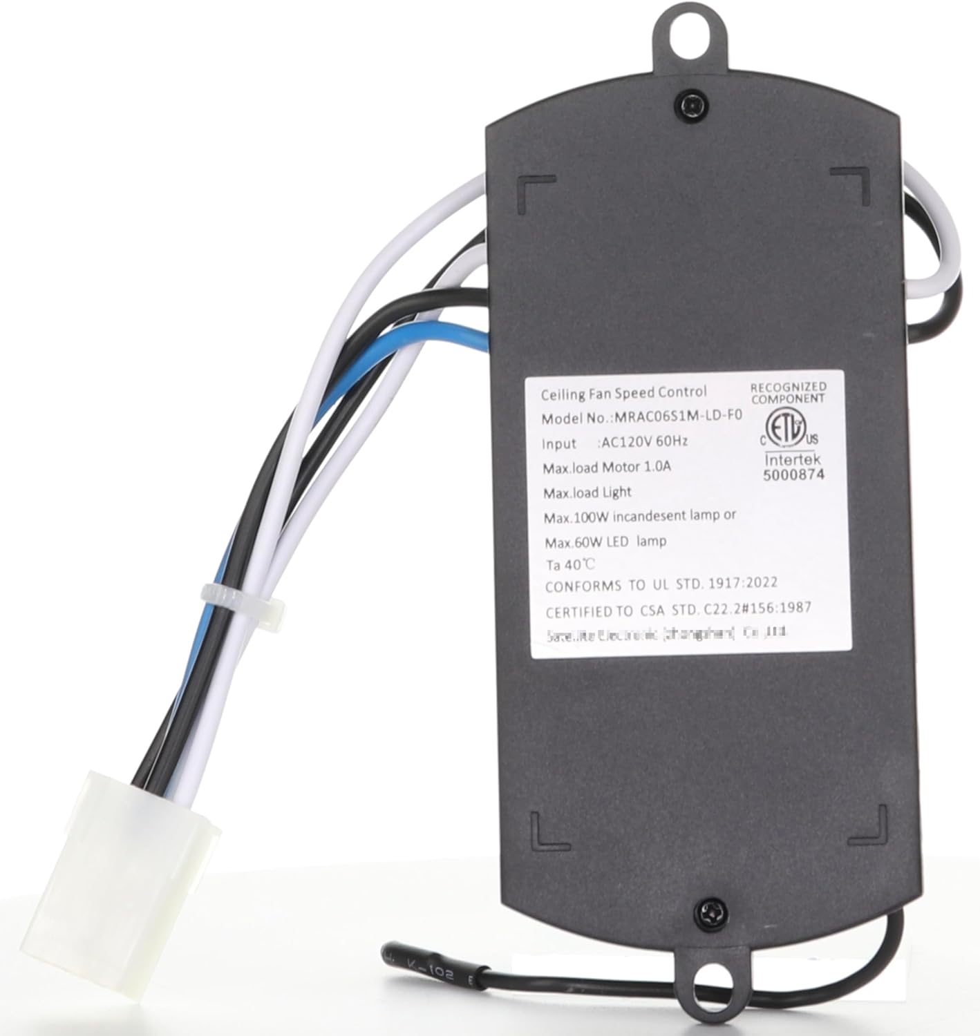 Артка view of the Anderic MRAC06S1M receiver showing product label with model number and electrical specifications.