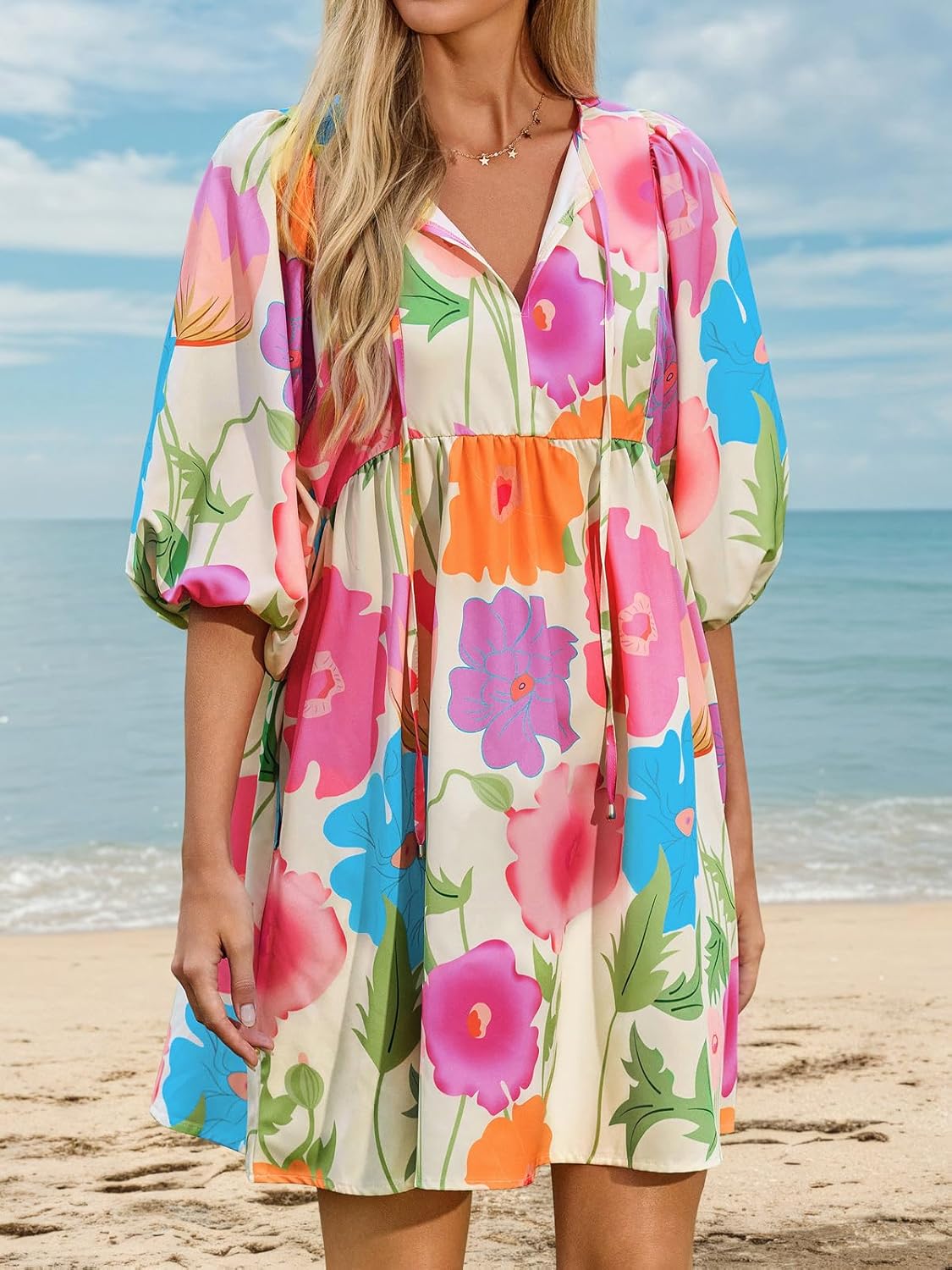 Yousify Womens Summer Dresses Floral Mini Babydoll Dress V Neck Puff Sleeve Loose Fit Boho Beach Sundress with Pockets - Image 2