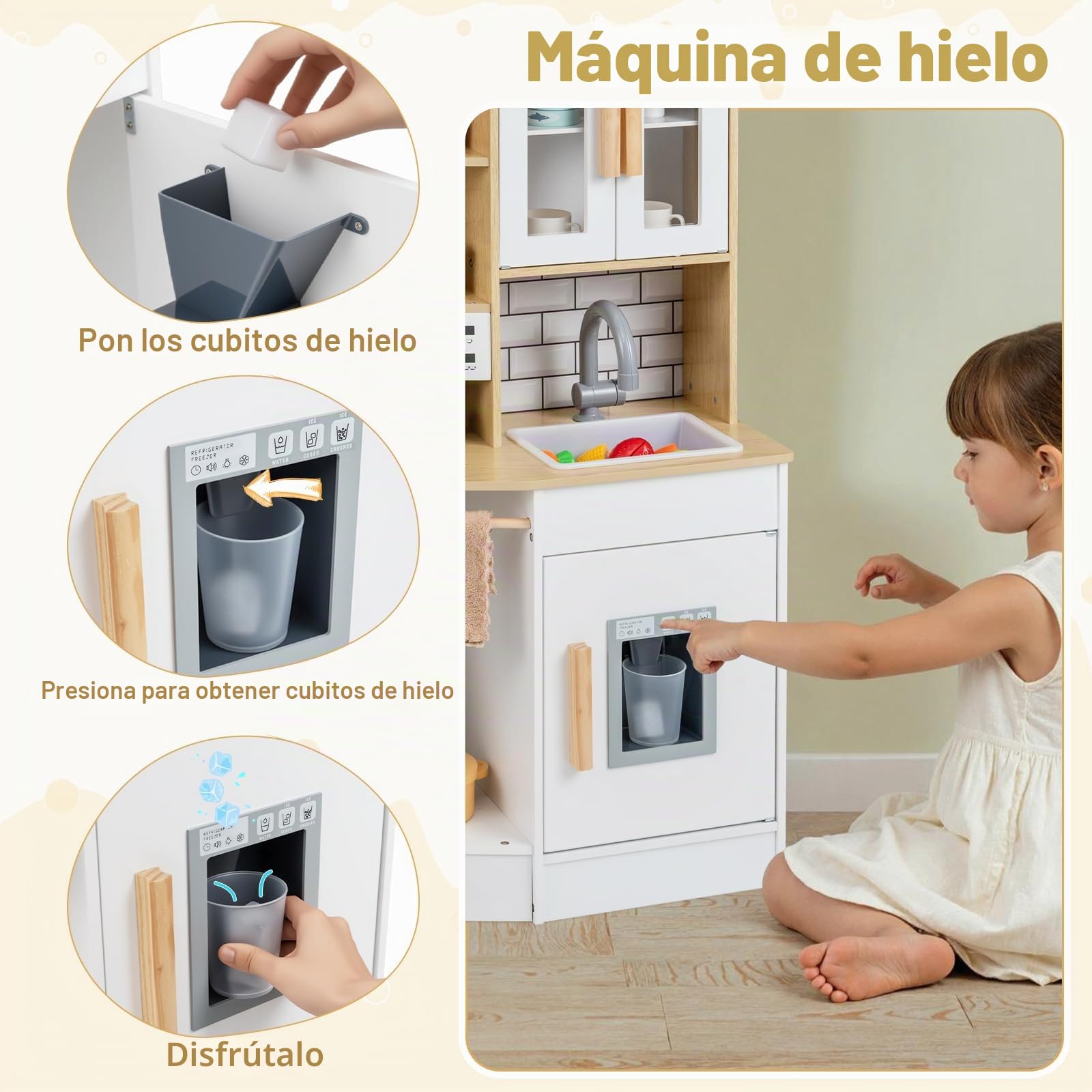 FANTASK Cocina de Juguete de Madera con luz y Sonido, Accesorios de 10 Piezas, Estufa/Fregadero/Horno y electrodomésticos múltiples, Cocina Infantil a Partir de 3 años (Blanco)