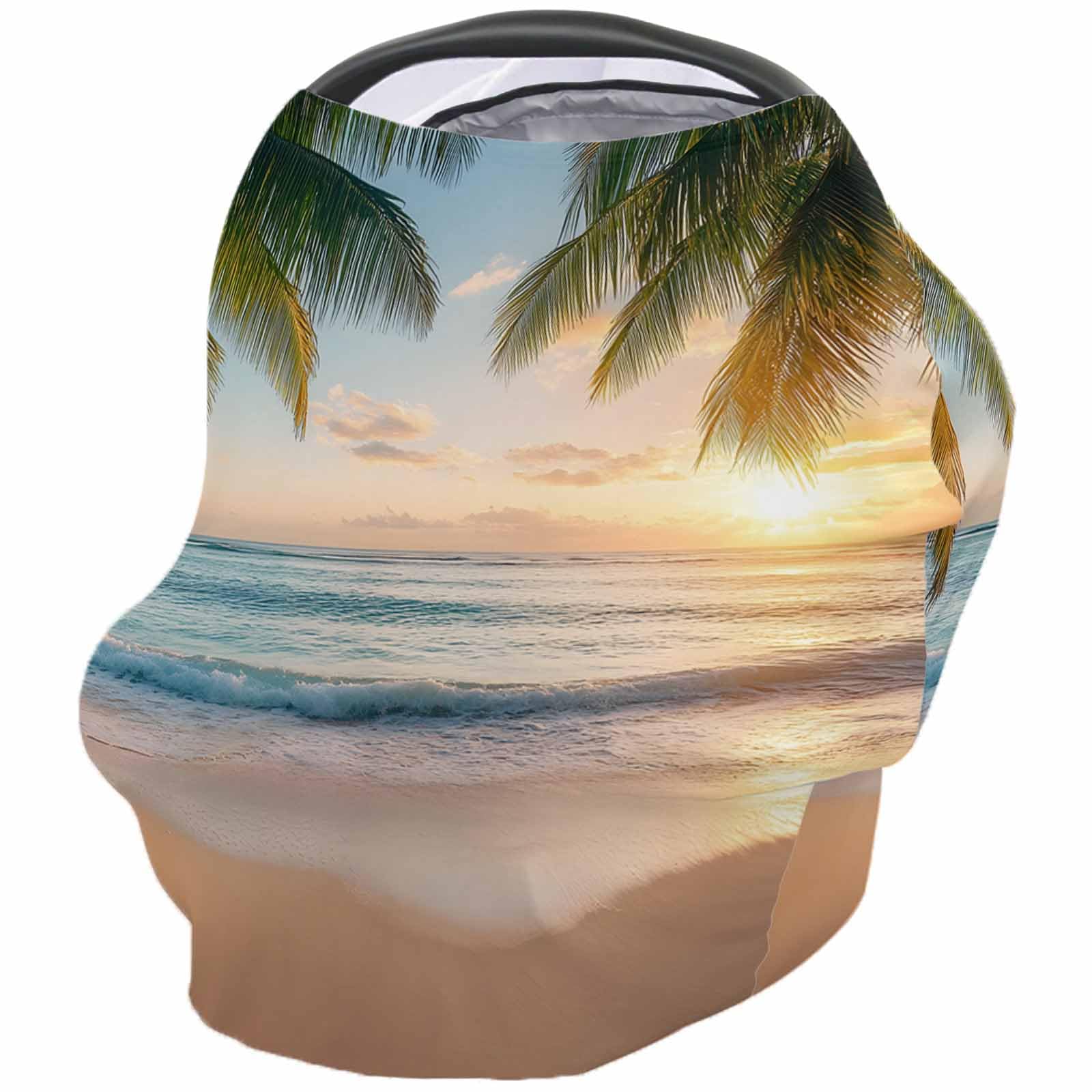 Blue Beige Coastal Nursing Cover for Breastfeeding Scarf, Summer Beach Sunset Realistic Scenery Baby Car Covers Super Soft Multi Use for Canopy Shopping Cart Cover Blanket Stroller Cover
